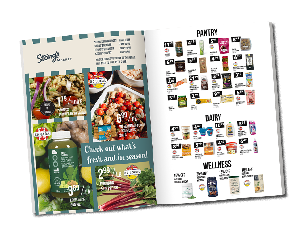 A Stong’s Market e‑newsletter spread featuring fresh seasonal produce, local favourites, and special weekly deals, with bright product images and promotional highlights designed to showcase new arrivals and special offers.