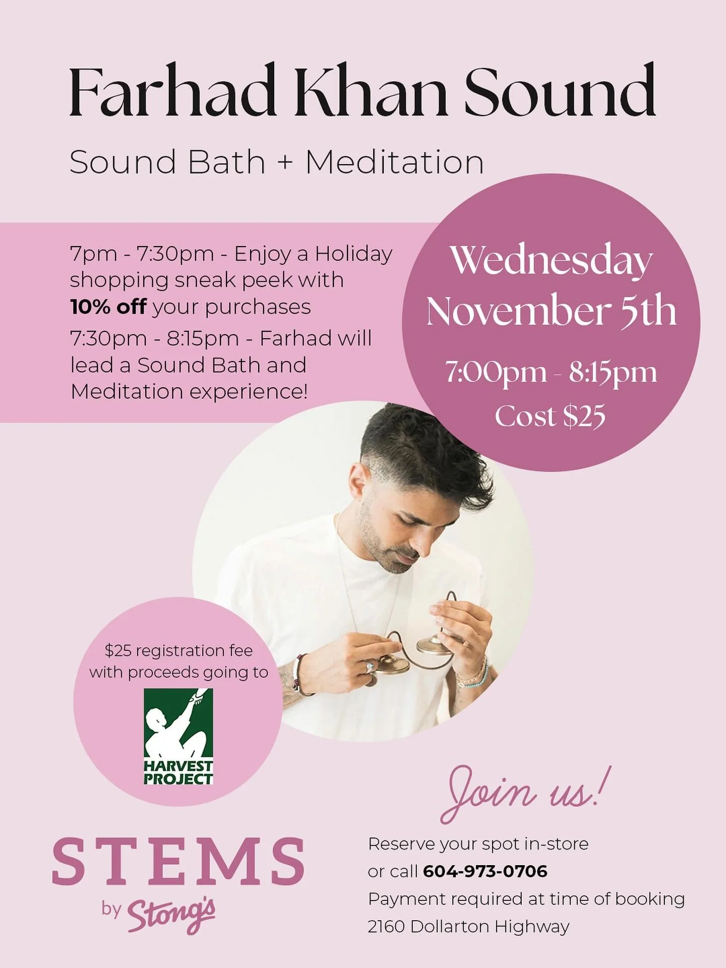 Join us for a special evening!  @farhadkhansound will be leading a Sound Bath + Meditation at our Northwoods location on Wed, Nov 5th from 7pm-8:15pm - $25 with proceeds going to @harvestprojectnorthshore. Spaces are limited and registration in advan