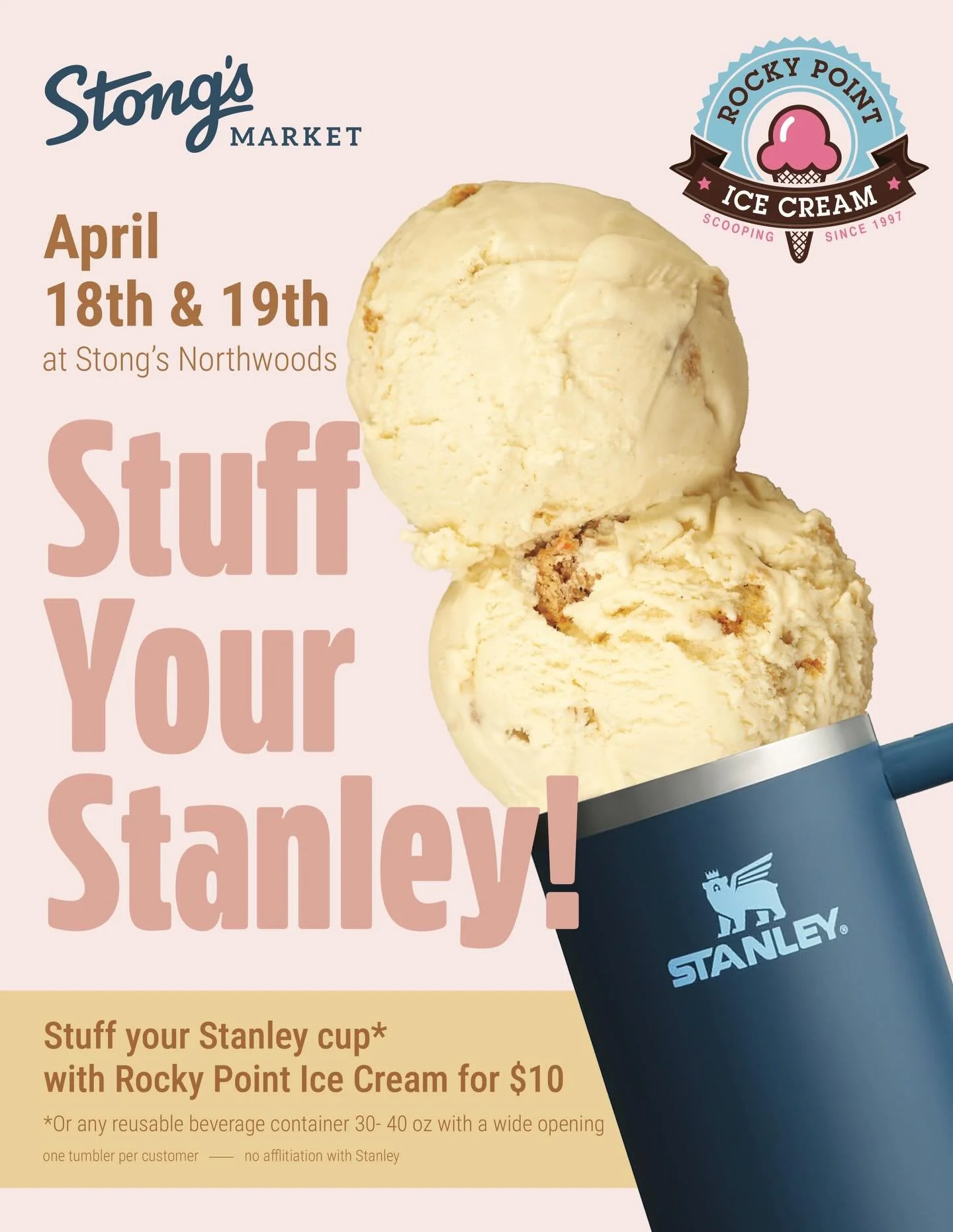 Stuff Your Stanley! Join us on Sat, April 18 and Sun, April 19 and Stuff Your Stanley with @rockypointicecream. 

Here&rsquo;s the scoop: 
🍦Stong&rsquo;s Market Northwoods location only (2150 Dollarton Hwy, North Vancouver)
🍦10am-10pm on Sat, April