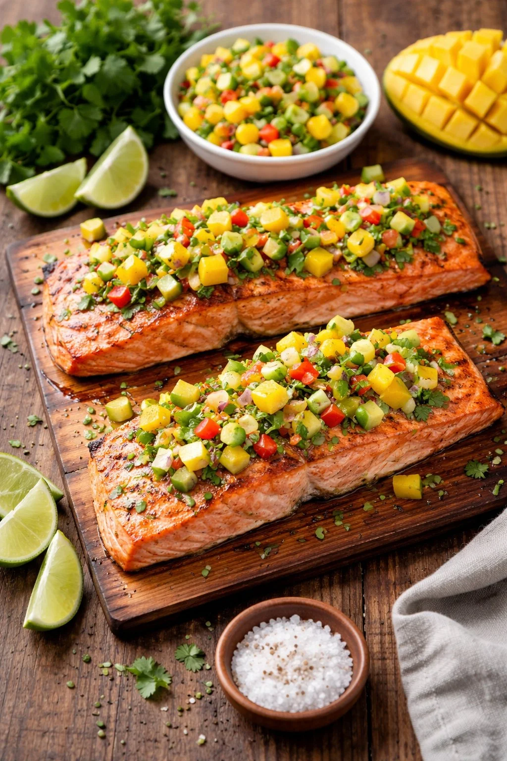 Cedar Planked Salmon with Fresh Mango Cucumber Salsa