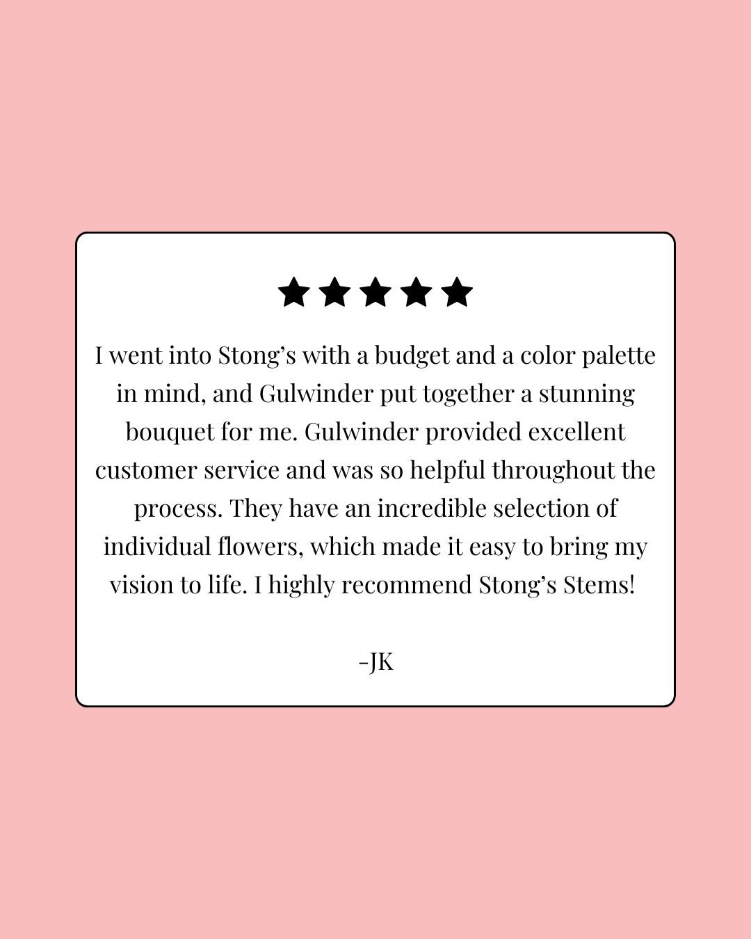 Nothing makes our day like hearing from happy customers. Thank you for the amazing review &mdash; we appreciate you more than you know. 💗

#STEMSByStongs #Florals #Bouquets #FloralArrangements #HappyCustomers
