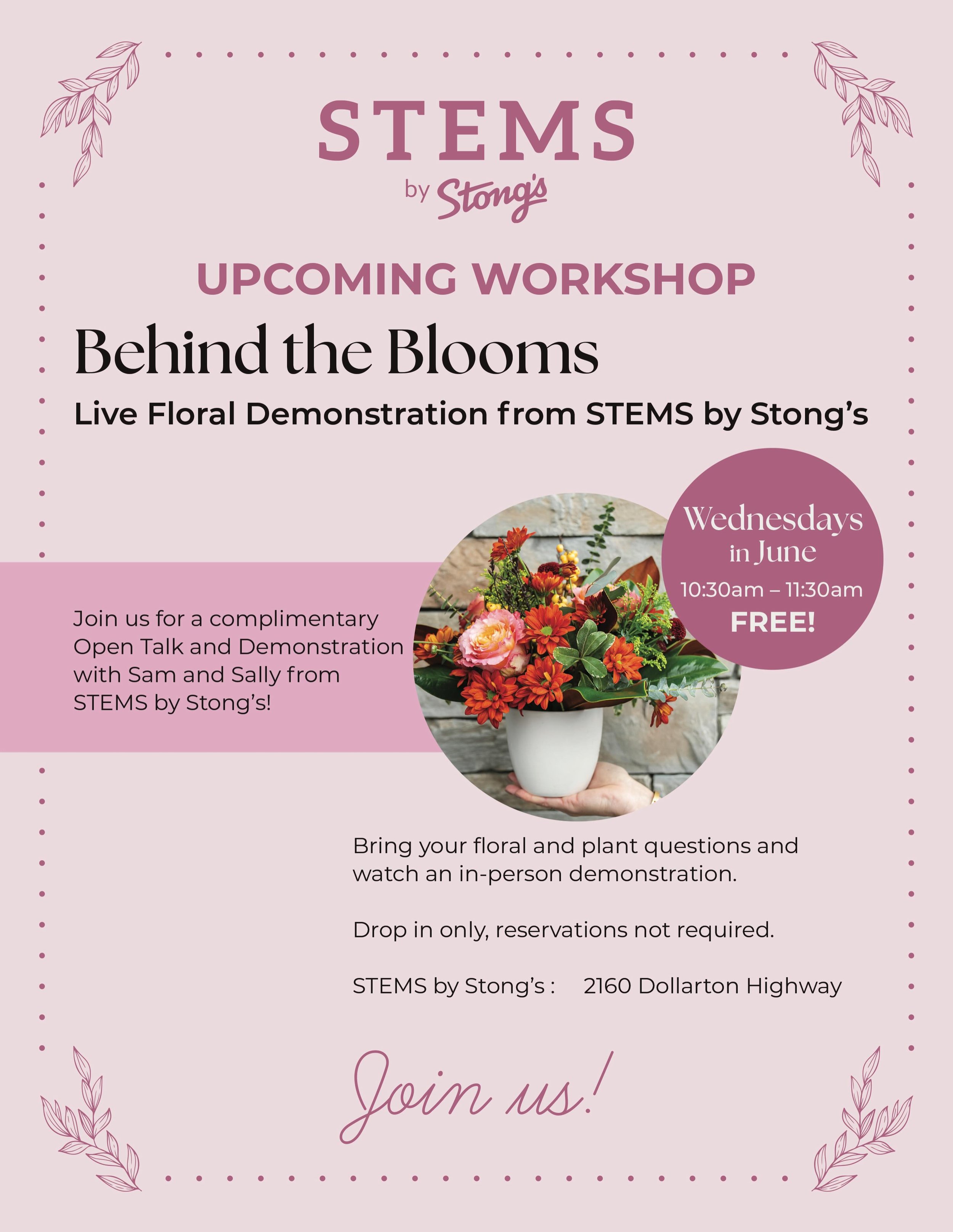 Join us for our Behind the Blooms live floral demonstration, happening every Wednesday in June at our Northwoods location! 

Led by Sally and Sam, come learn, ask questions, and watch our team create. 

We hope to see you there! 

#STEMSbyStongs #flo