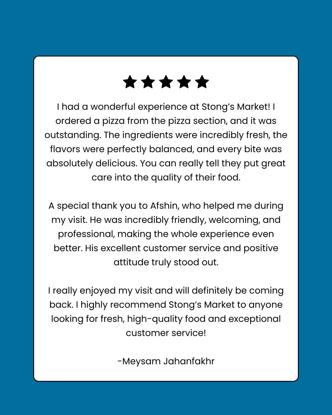 Huge thanks for the review! Quality ingredients, pizza made right here, and a great experience &mdash; that&rsquo;s what we&rsquo;re all about. 💙

#StongsMarket #GroceryStore #ShopLocal #IndependentGrocer #CustomerReview