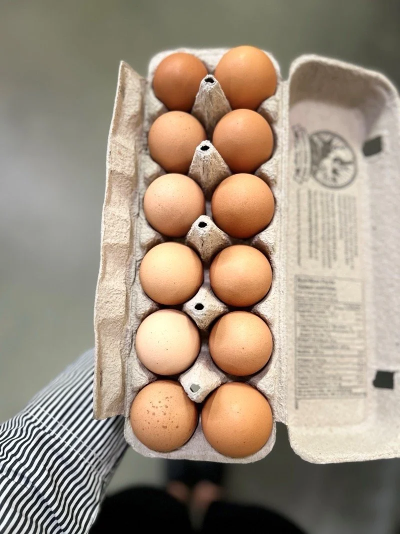 A carton of ten brown eggs in a cardboard egg tray, held by a person wearing a striped sleeve.