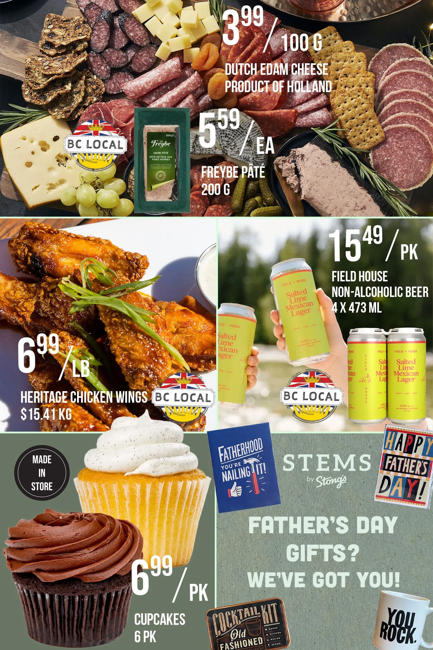 Father’s Day spread featuring a charcuterie board, non‑alcoholic beer, chicken wings, sweet treats, and fun gift ideas from Stong’s Market.