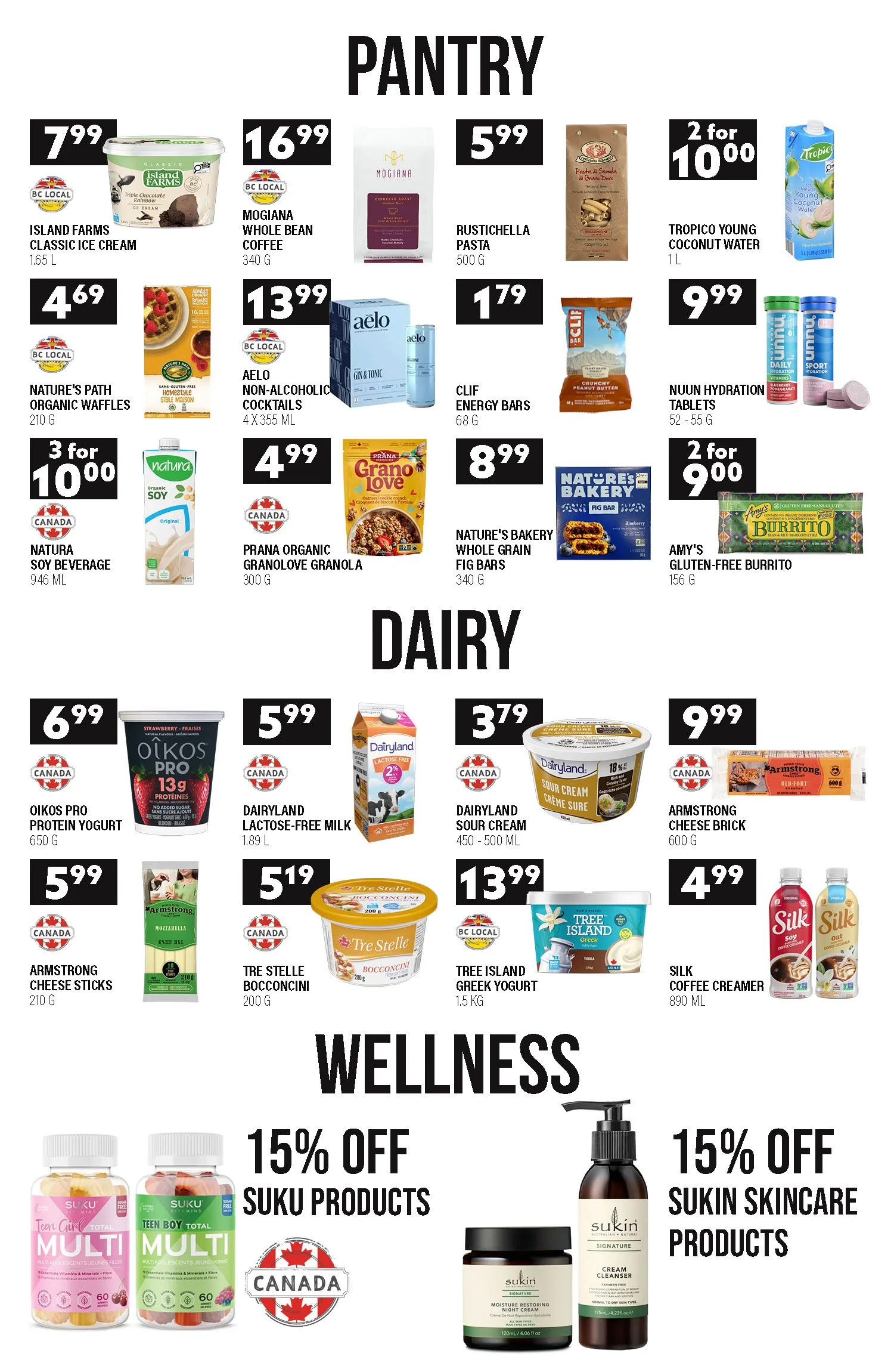A newsletter page for Stong's Market featuring local pantry staples, dairy specials and wellness products.