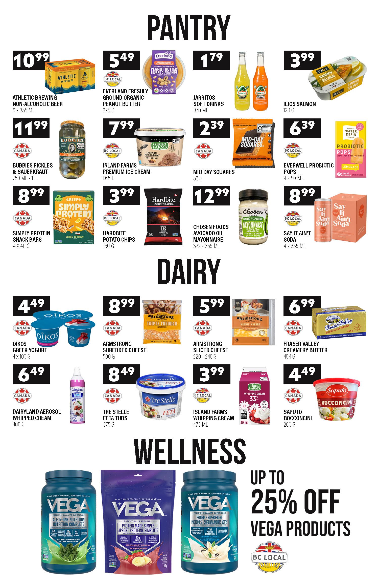 Stong's Market e-newsletter page featuring local BC pantry and dairy items