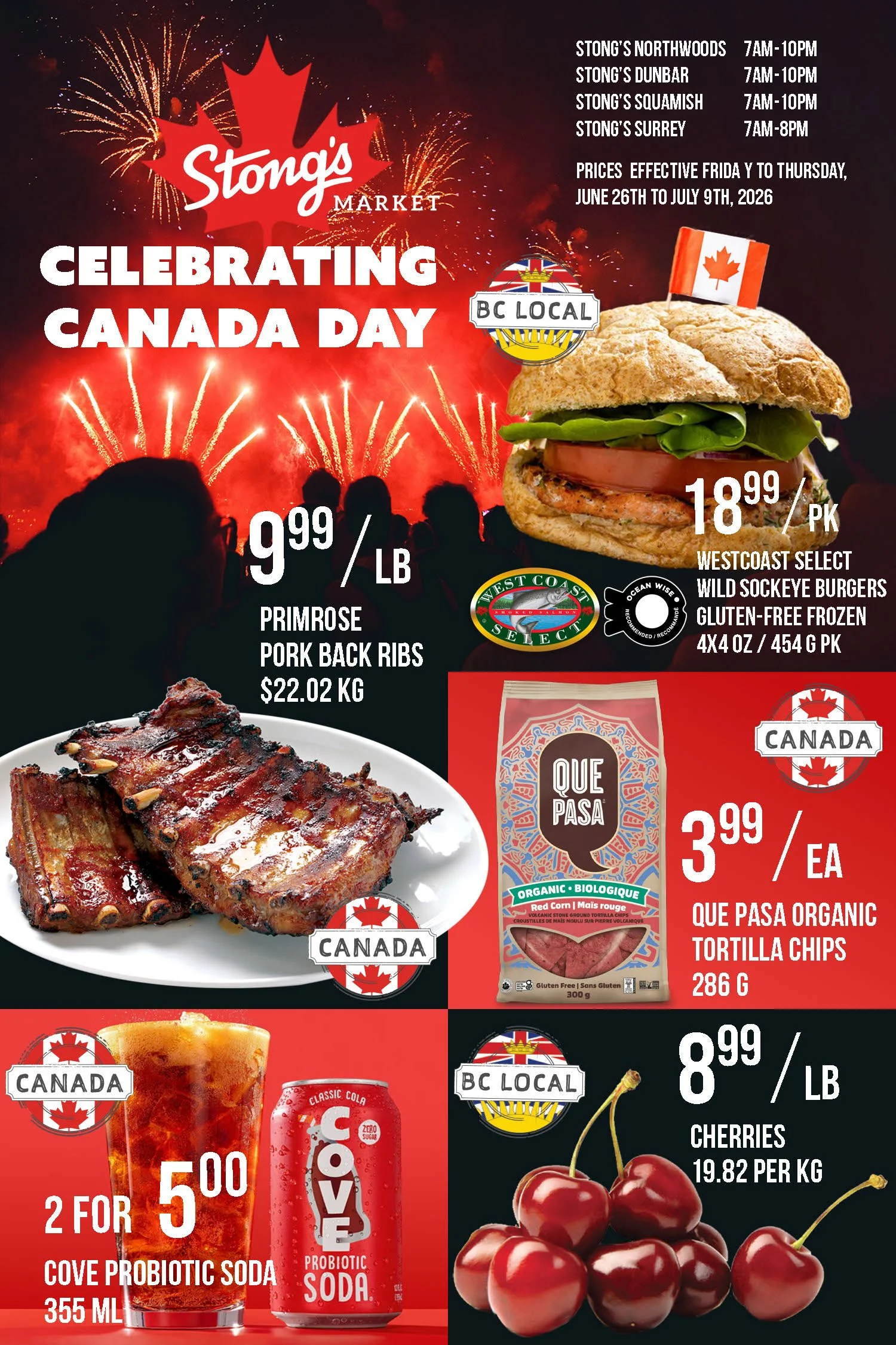 Stong's Market E-newsletter page featuring Canadian and BC local products perfect for celebrating Canada Day.