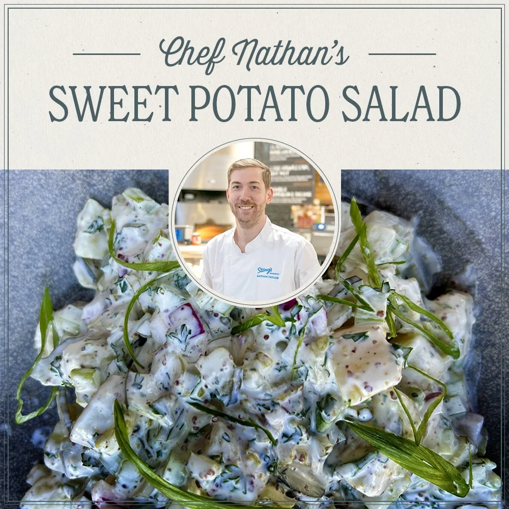 A newsletter page for Stong's Market featuring easy, nutritious recipe for sweet potato salad.