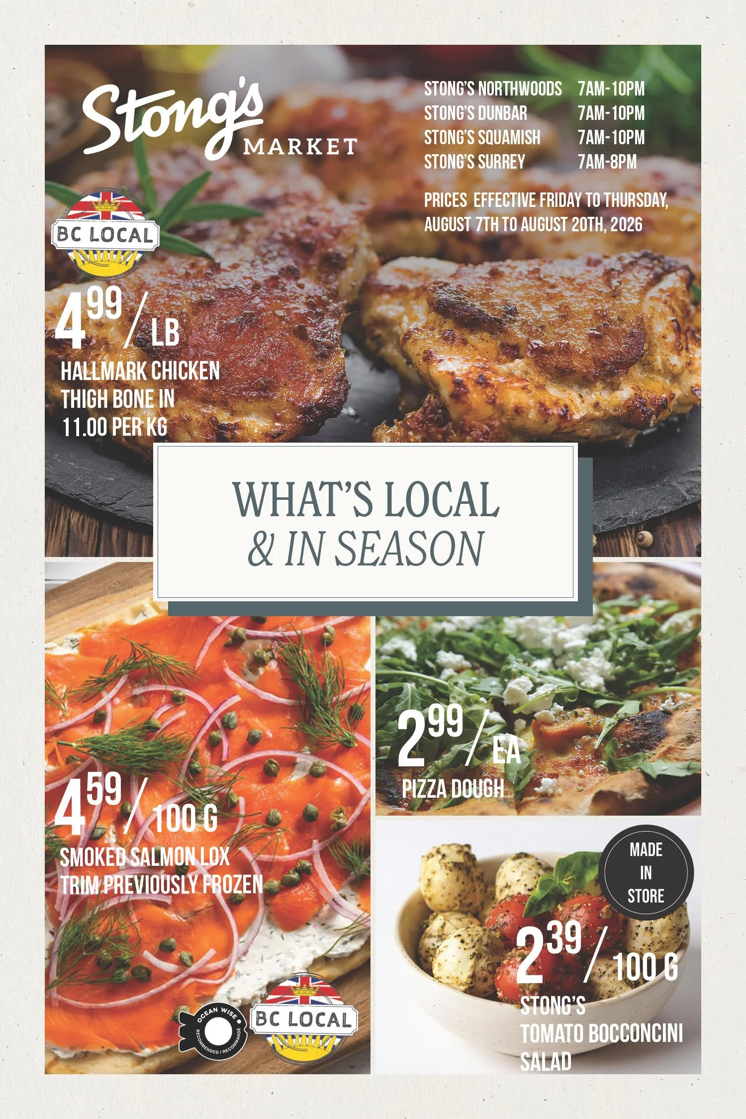 A newsletter spread for Stong's Market featuring what's local and in season this August, including pizza, made-in-store salad, BC smoked salmon, and chicken