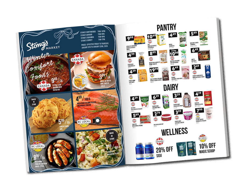 Stong’s Market e‑newsletter spread for January 9–22, showcasing winter comfort foods and seasonal special deals