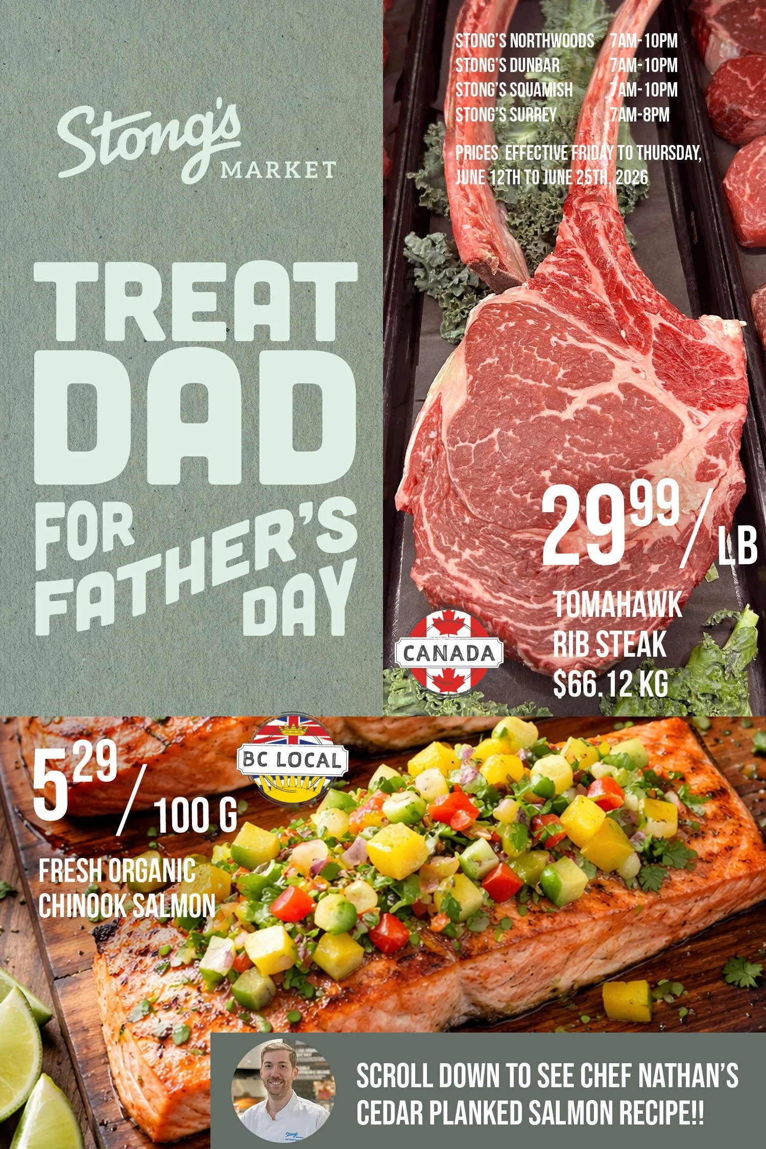 Father’s Day spread featuring a tomahawk steak and fresh salmon showcased as Stong’s Market specials.