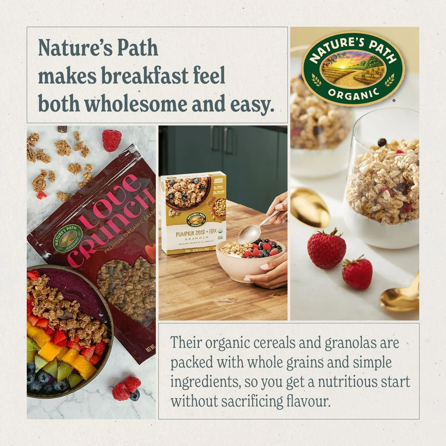 A newsletter page for Stong's Market featuring Nature's Path organic breakfast items like cereal and granola