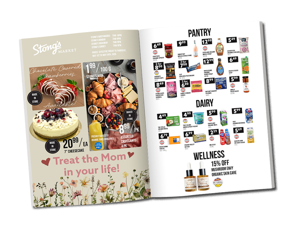 Mother’s Day e‑newsletter spread featuring sale items, unique gifts, pantry staples, and local grocery products from Stong’s Market