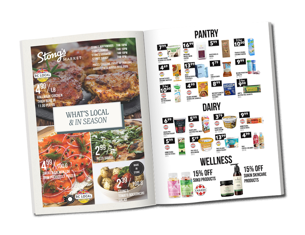 A newsletter spread for Stong's Market featuring what's local and in season this August, including fresh salad, local produce, BC local salmon, and pantry specials.