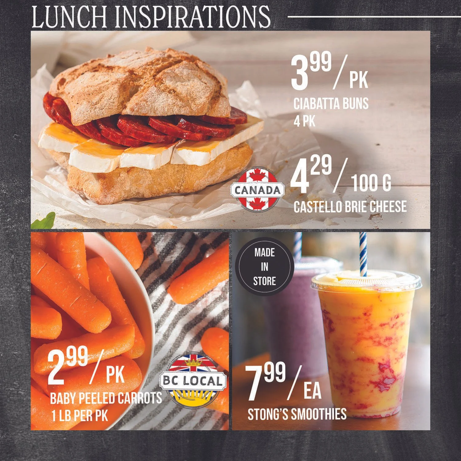 Stong's Market Specials featuring easy lunch ideas such as sandwich, smoothies, and snacks