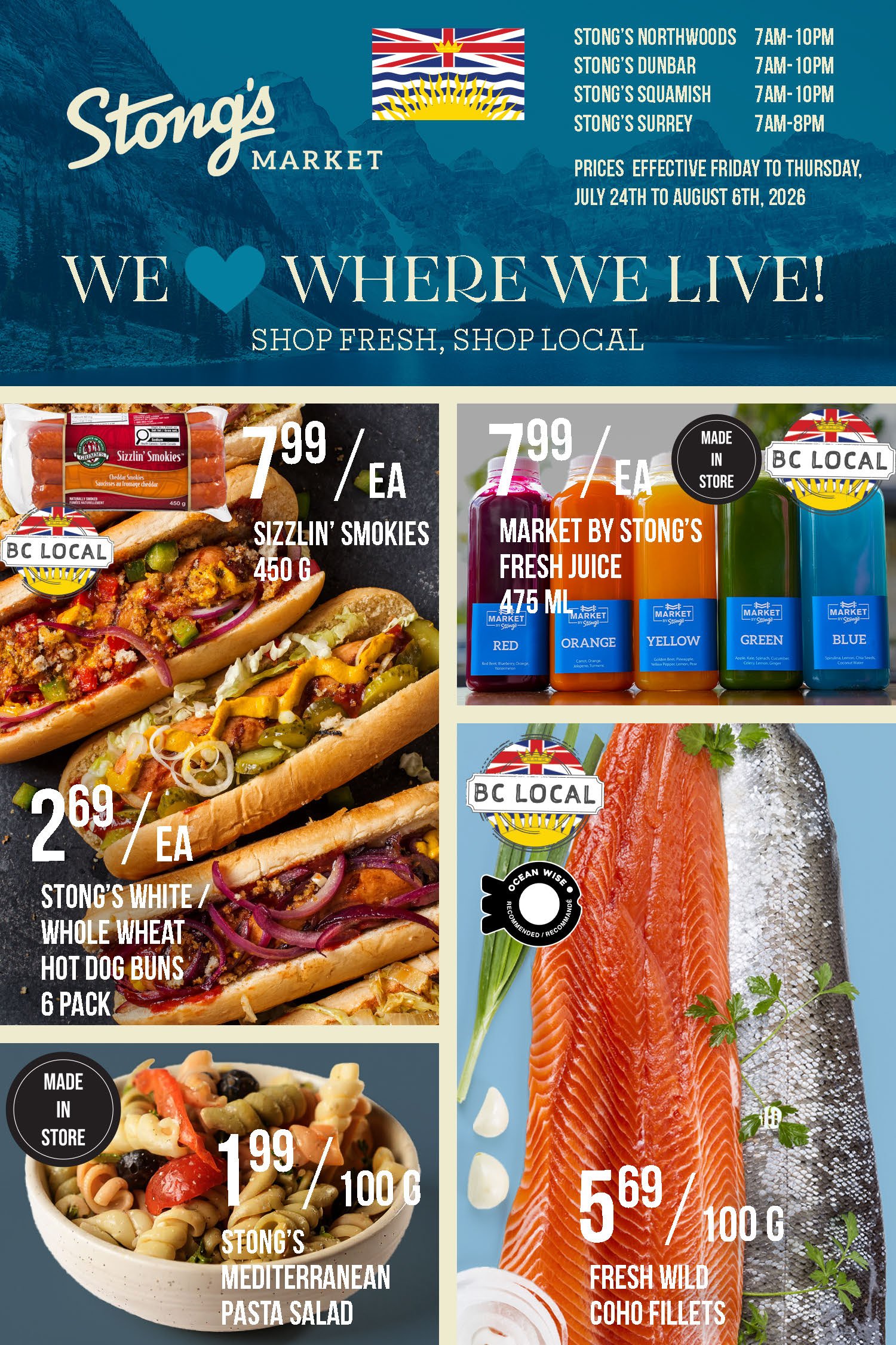 A spread of Stong's Market E-newsletter featuring local BC items like fresh coho salmon, hot dogs, made in house salad, and fresh juices
