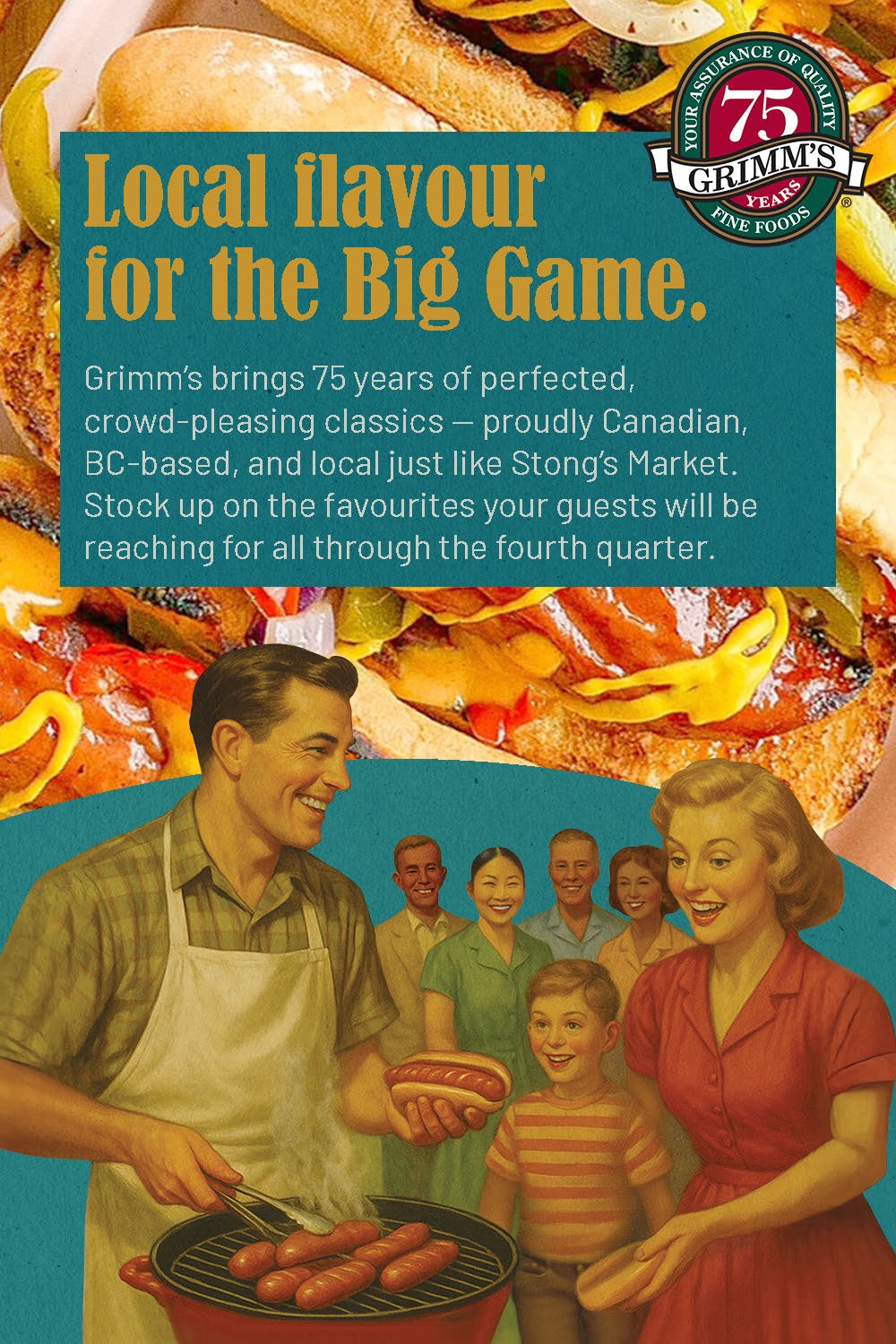 Stong's E-Newsletter page celebrating Grimm's 75 year anniversary. Grimm's products are perfect for watching sports games and get-togethers.