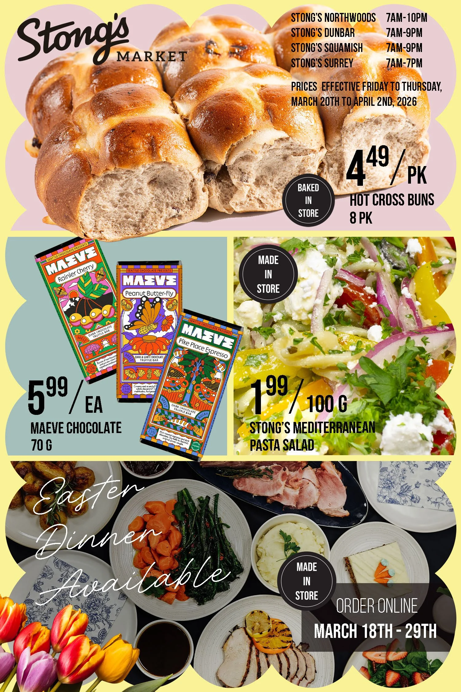 Magazine spread of the March e‑newsletter for Stong’s Market, featuring great deals, fresh local favourites, spring savings, and a simple way to celebrate Easter without the hassle.