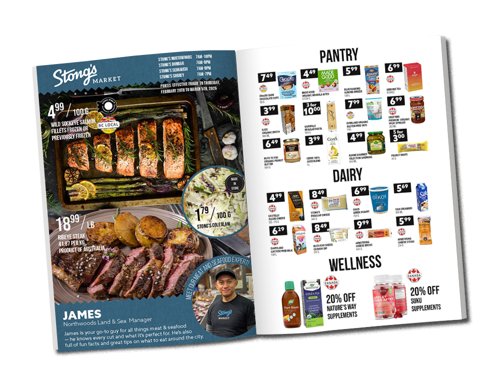 e-newsletter spread featuring meat and seafood specials including ribeye steak and salmon, and also Stong's Northwoods Land & Sea manager, James