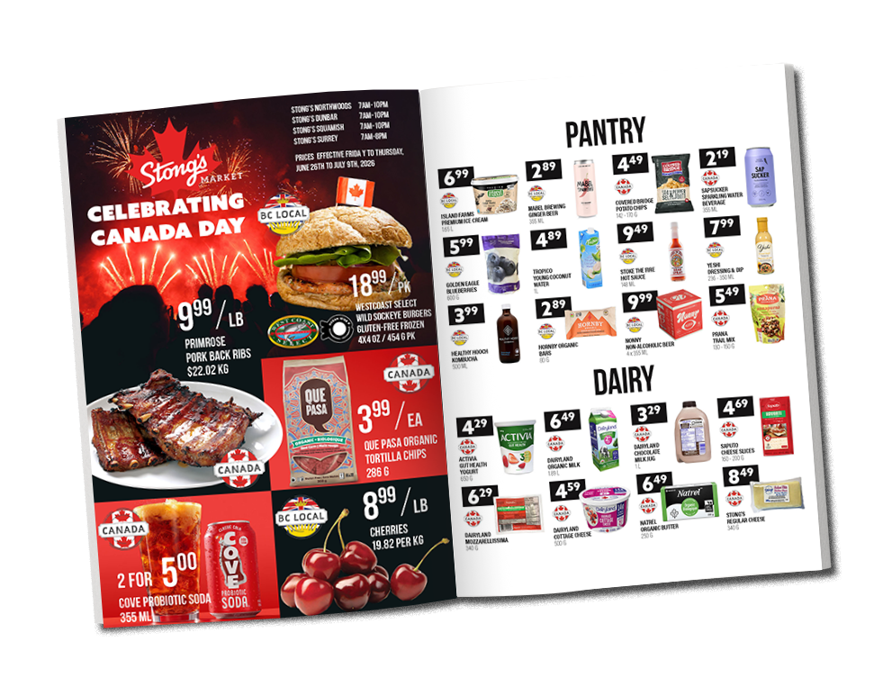 Stong's Market e-newsletter spread featuring Canadian products. BBQ essentials, pantry and dairy items for Canada Day Specials.