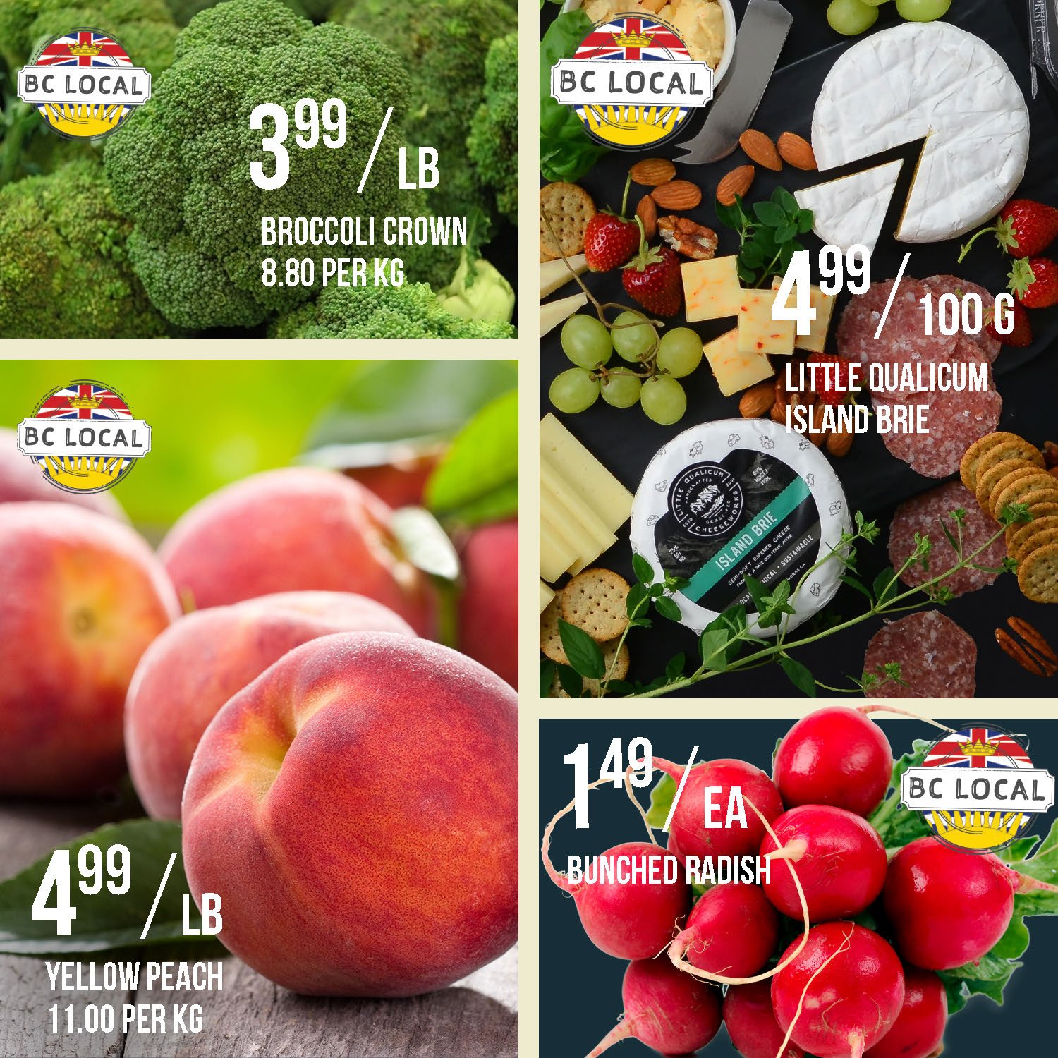 A spread of Stong's Market e-newsletter focusing on fresh BC produce and local cheese