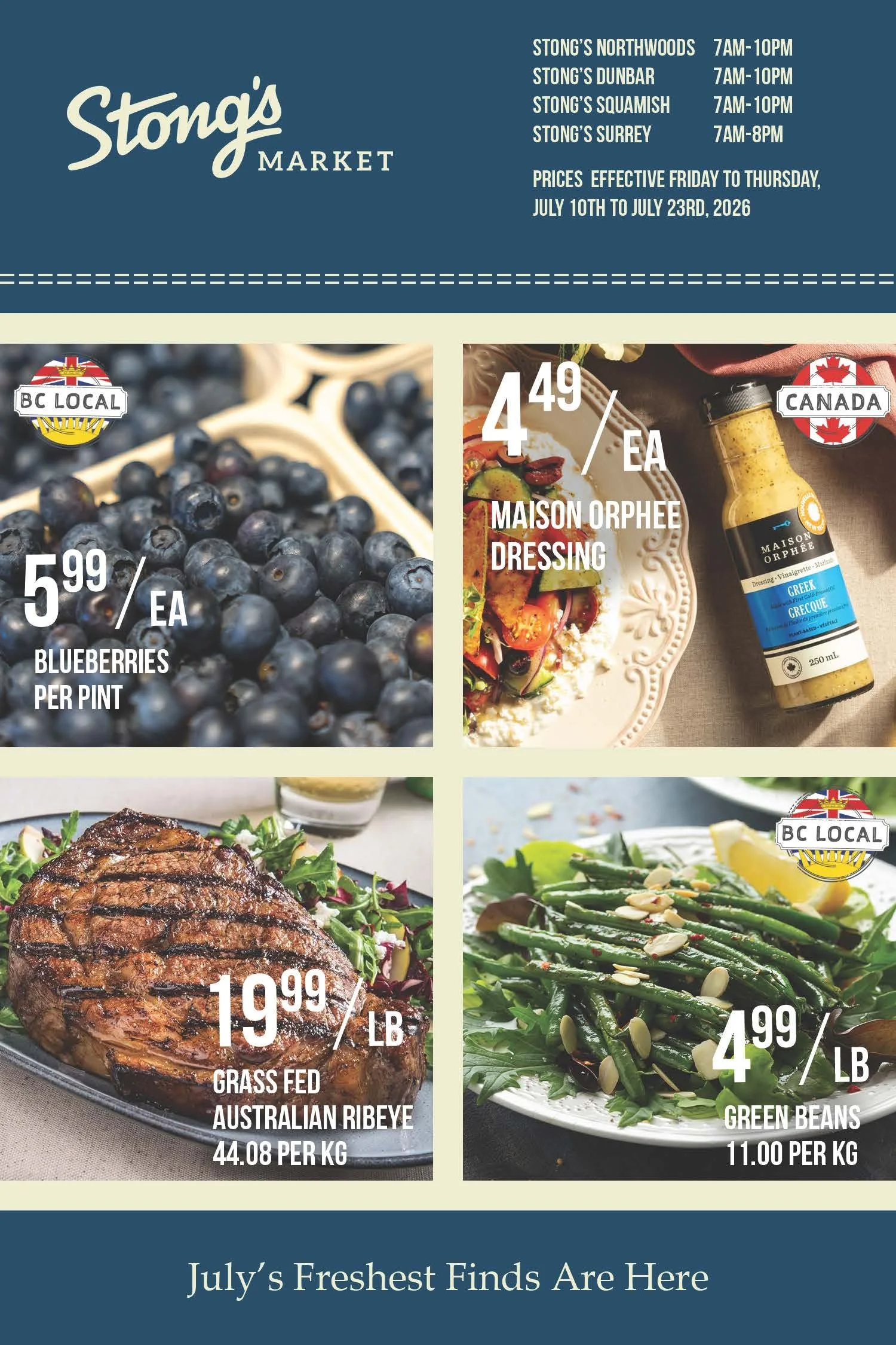E-newsletter spread featuring fresh local blueberries, fresh salad and produce, steak for BBQ and local products.