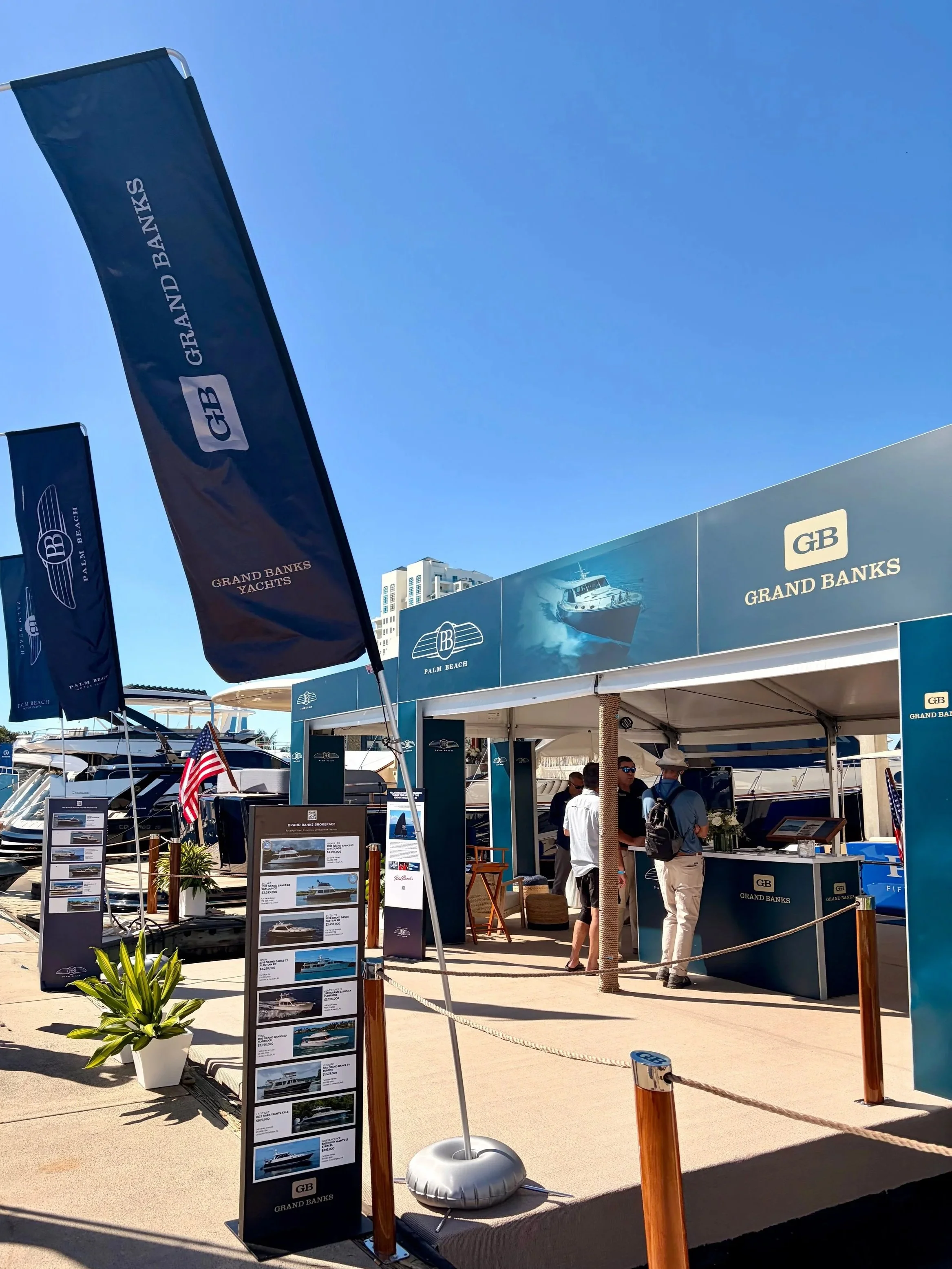 Grand Banks and Palm Beach Motor Yacht display at Fort Lauderdale Int. Boat Show 2025.