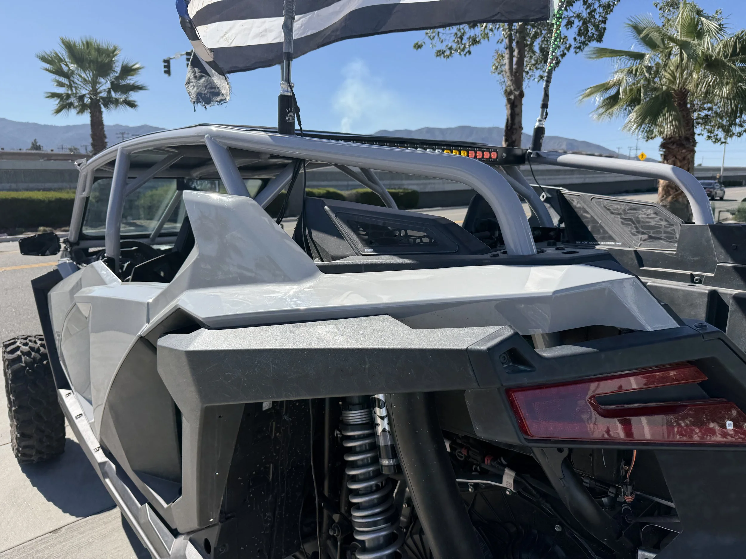 Close-up of a modern off-road vehicle with exposed suspension and roll cage, parked near palm trees and mountains in the background.