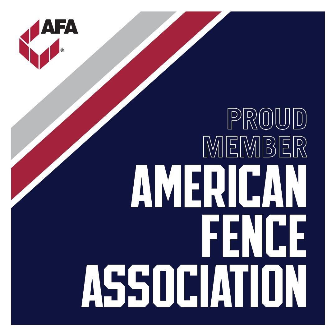 Graphic design with the American Fence Association logo, featuring three diagonal stripes in gray, red, and dark blue, alongside the text 'Proud Member American Fence Association' in white and blue.