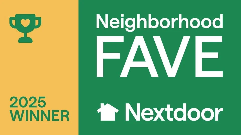 Award badge with green and yellow design, featuring a trophy icon, the text "Neighborhood FAVE 2025 WINNER," and the Nextdoor logo.