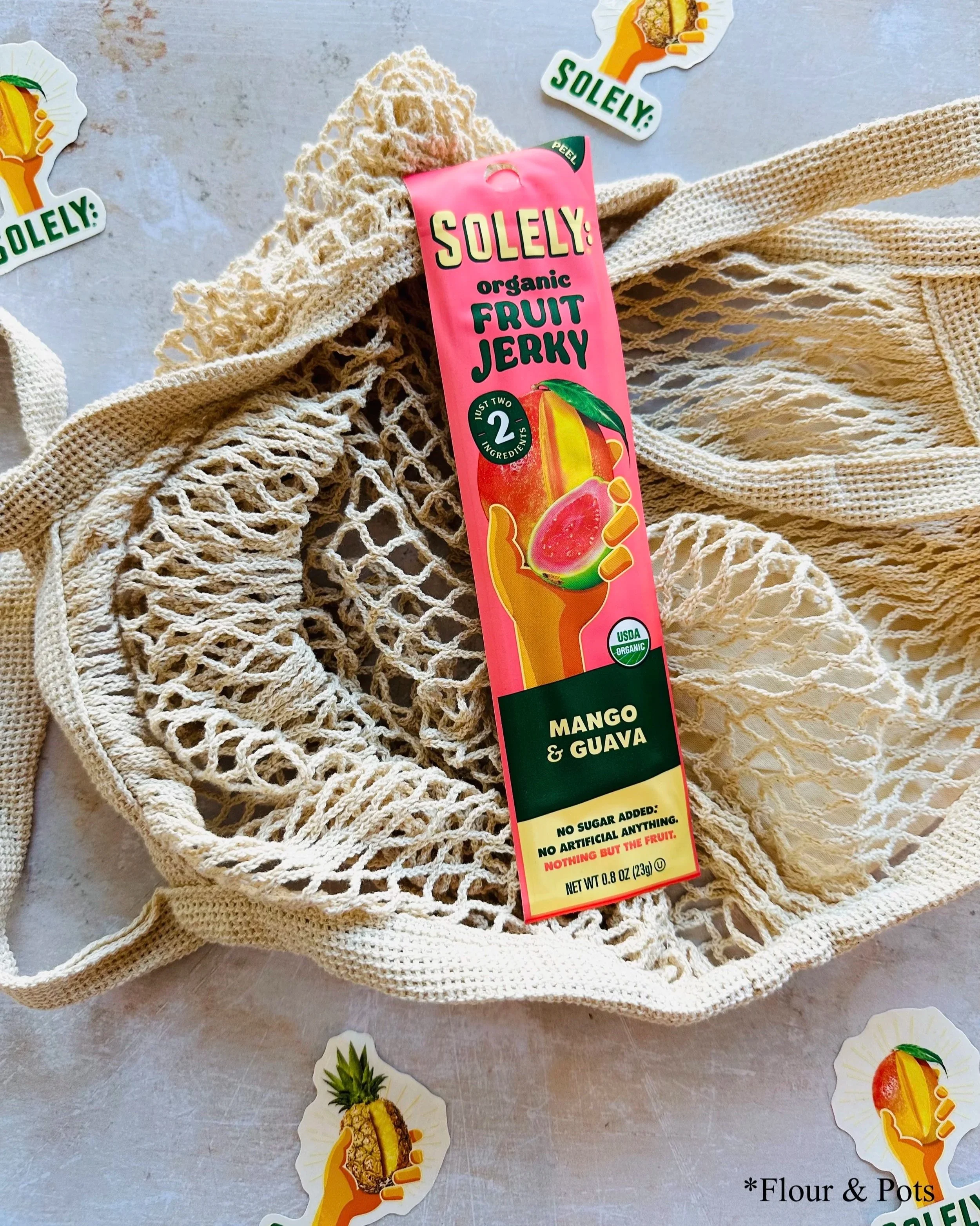Solely Organic Mango & Guava fruit jerky stick package showcasing the exotic flavor combination.