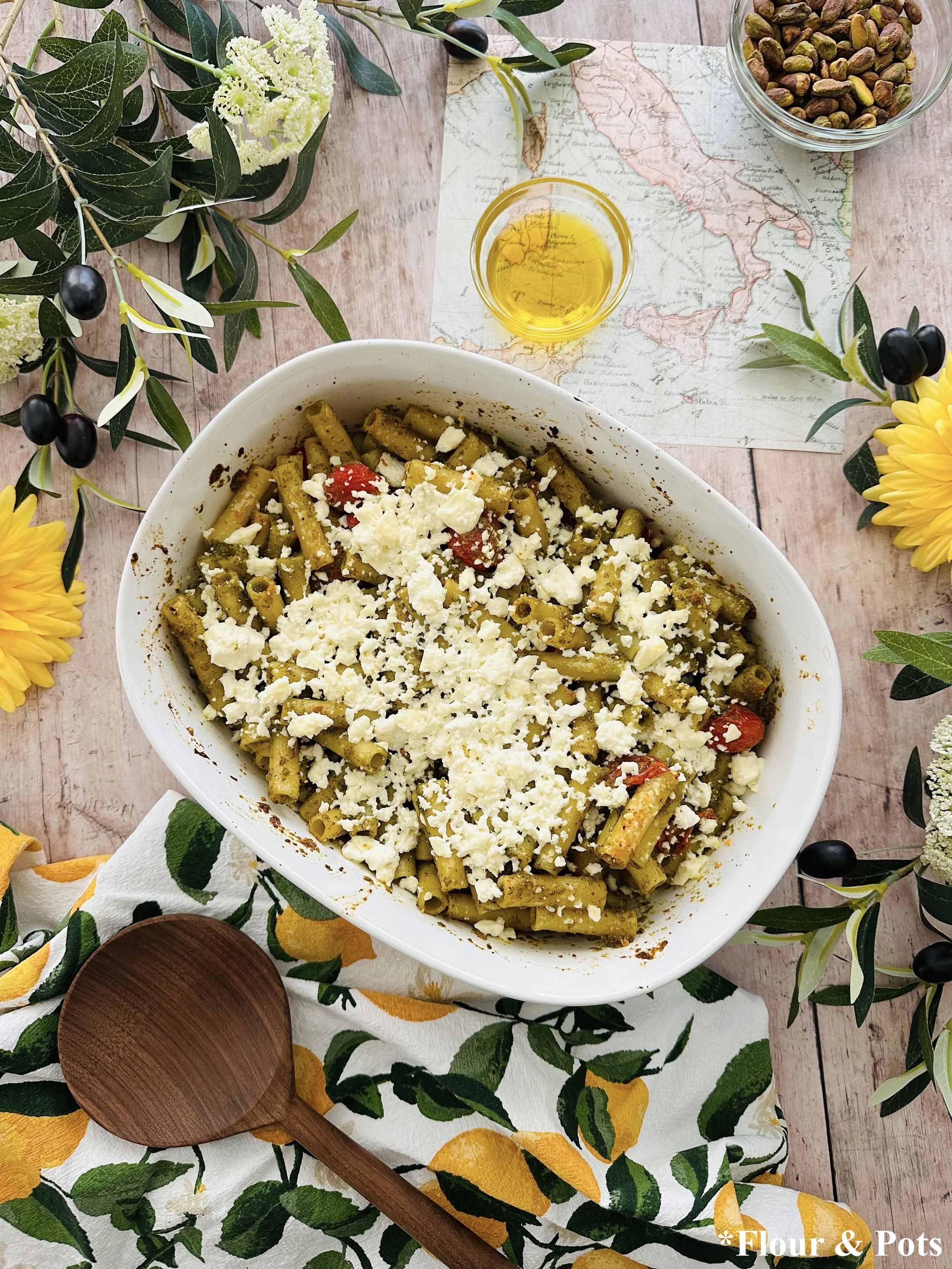 Summer Italian pasta bake with green basil pesto, roasted tomatoes, and parmesan topping