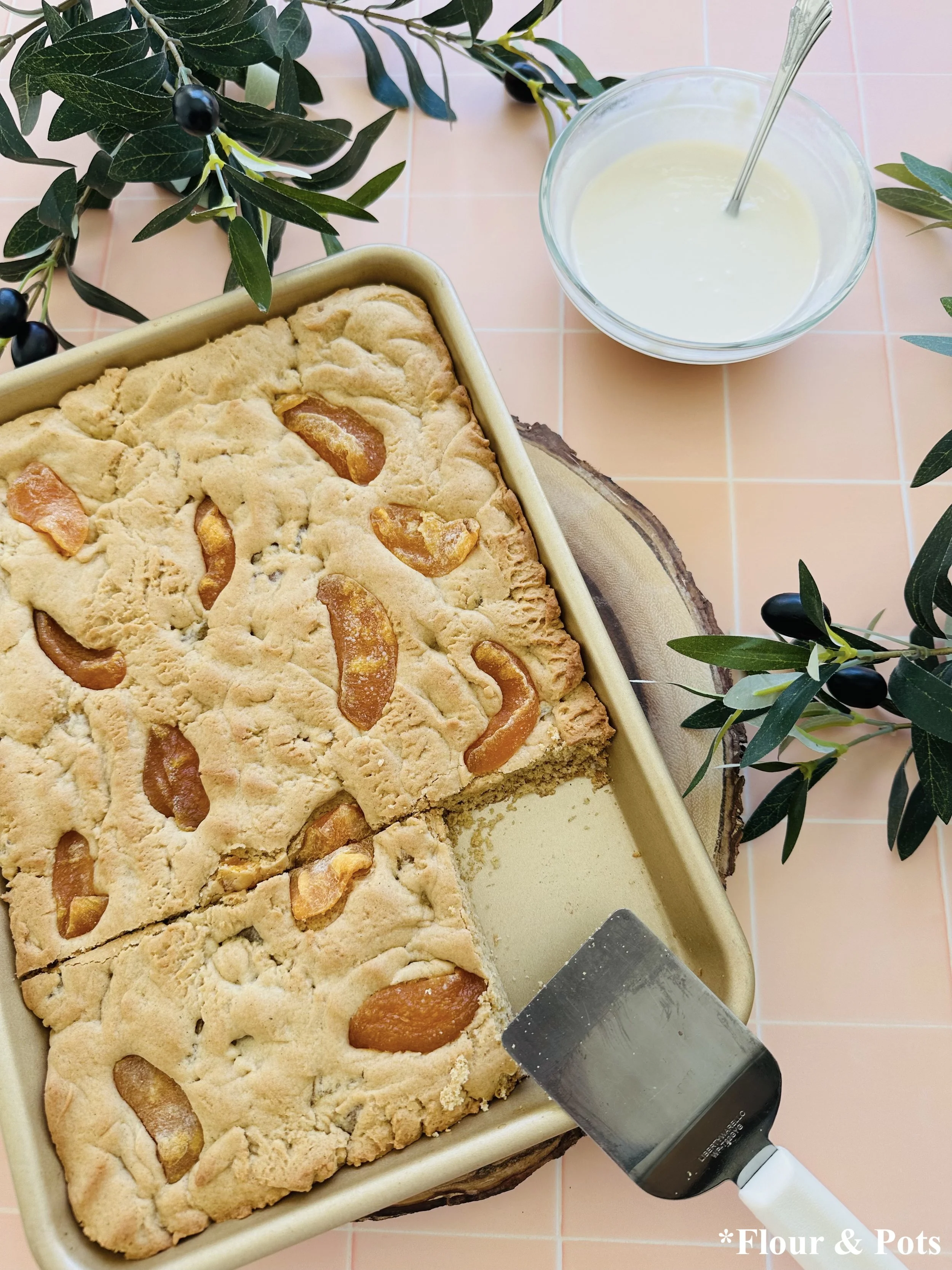 Soft-Baked Peaches & Cream Cookie Bars w/ Fresh Peach Drizzle on the Side