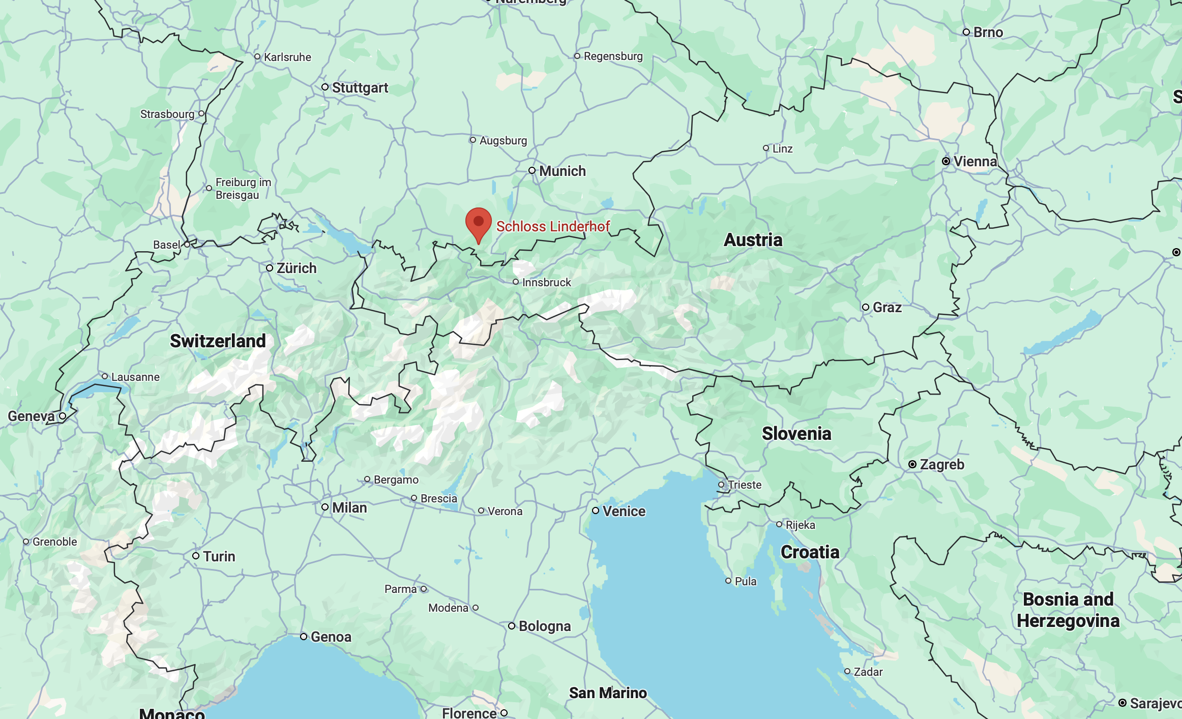 Map showing the location of Linderhof Palace in southern Germany, near Munich and Innsbruck.