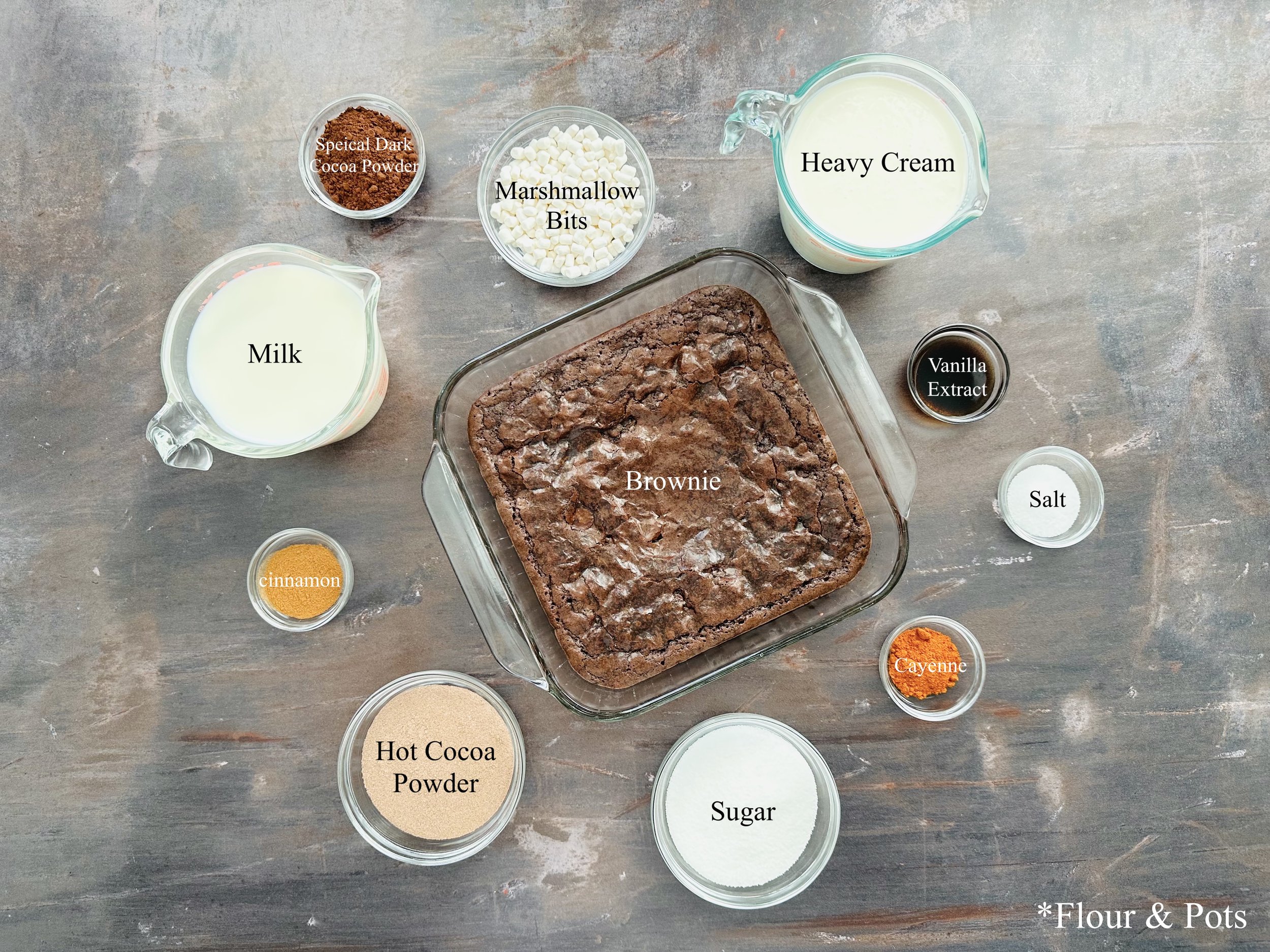 Ingredients for homemade Mexican Hot Chocolate Ice Cream, ready to mix.