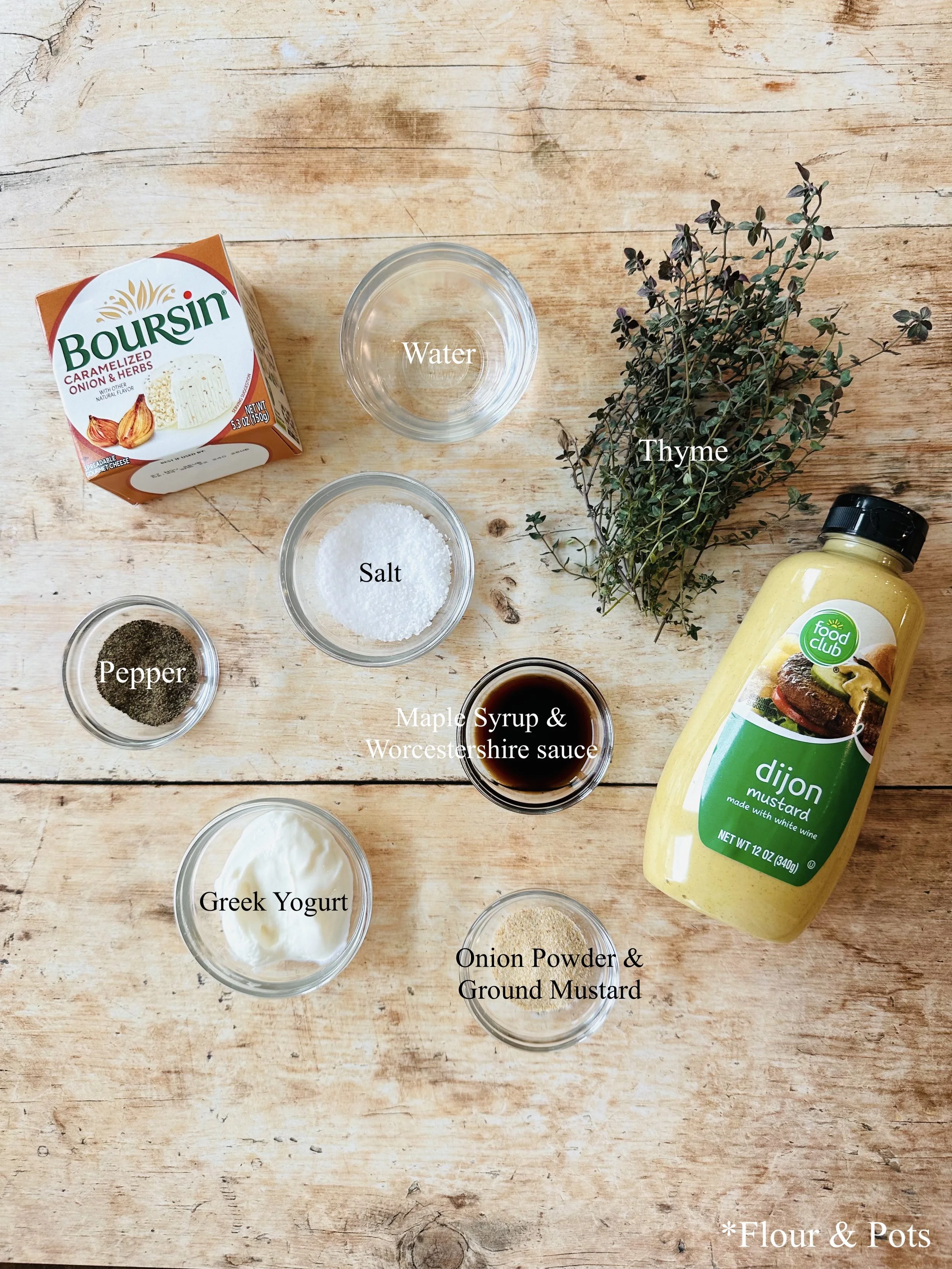 A collection of ingredients for caramelized onion cheese sauce.