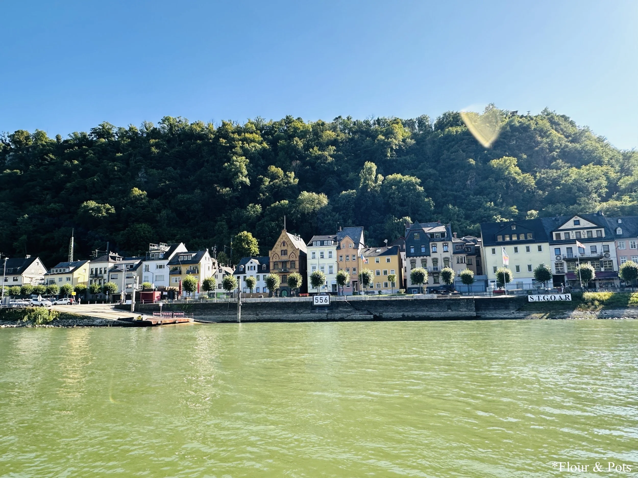 View from a ferry on the Rhine River, showing scenic landscapes, rolling hills, and castle ruins along the riverbanks near Frankfurt, Germany.
