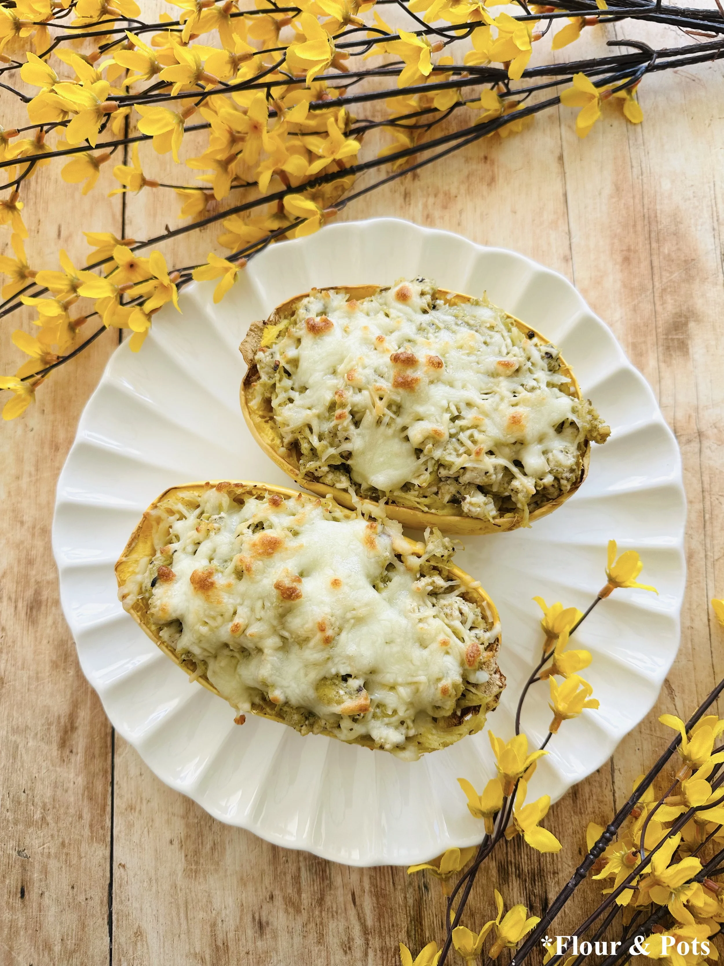 Creamy Pecan Pesto Turkey Spaghetti Squash Bake