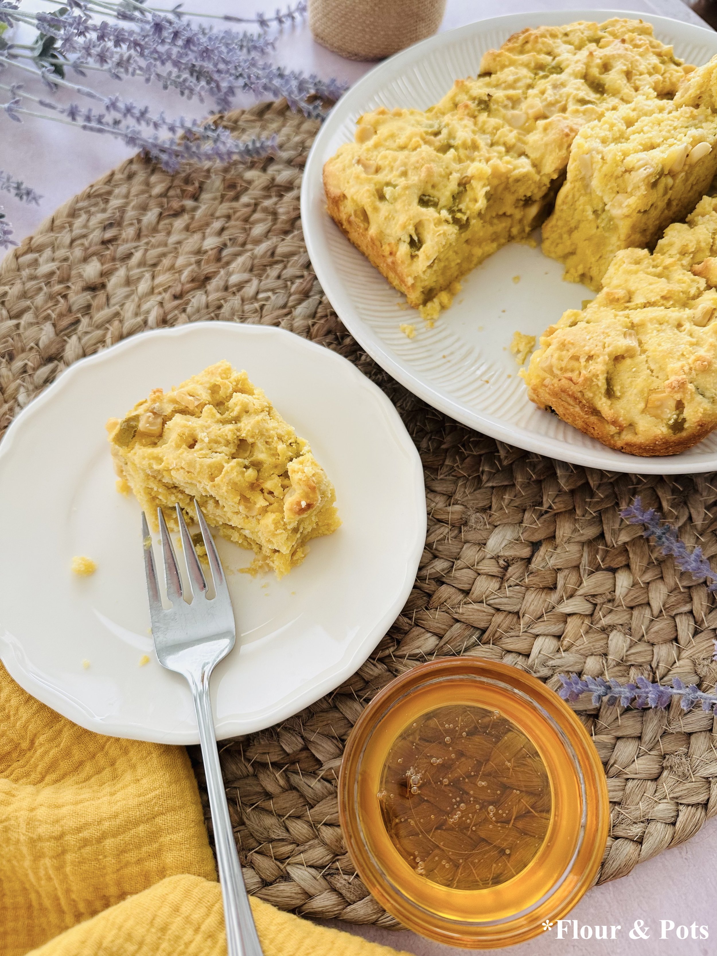 Moist honey sweetened cornbread with white corn and mild chilies