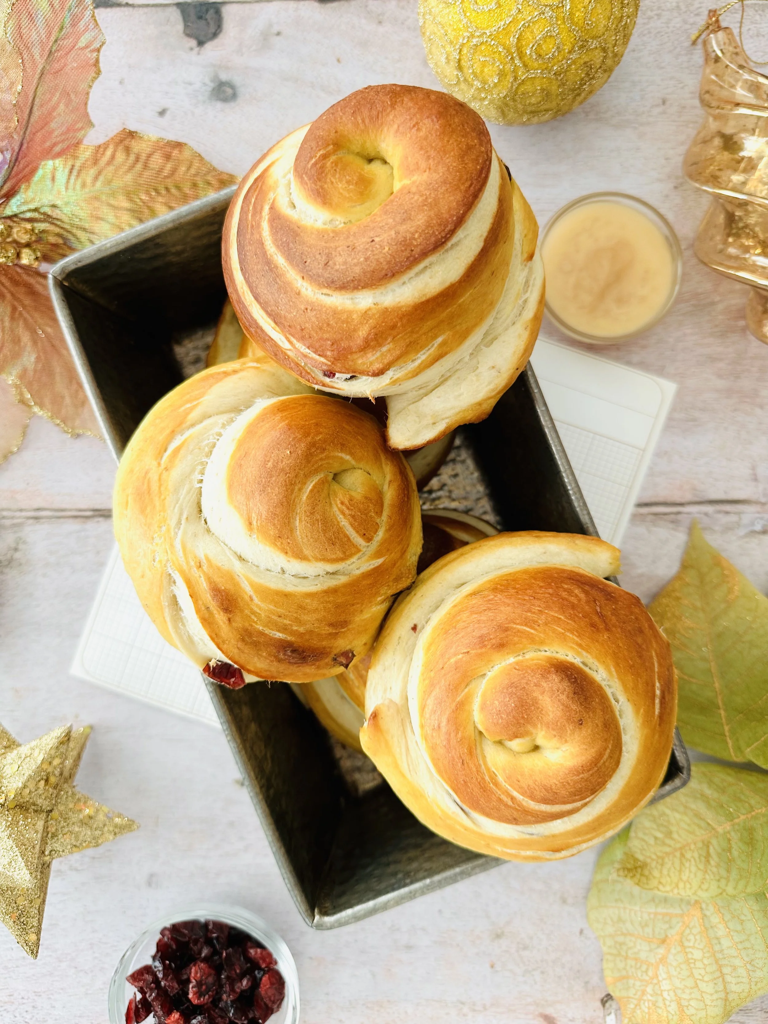 Soft Cranberry Pretzel Buns with Wheat Germ &amp; White Creamed Honey
