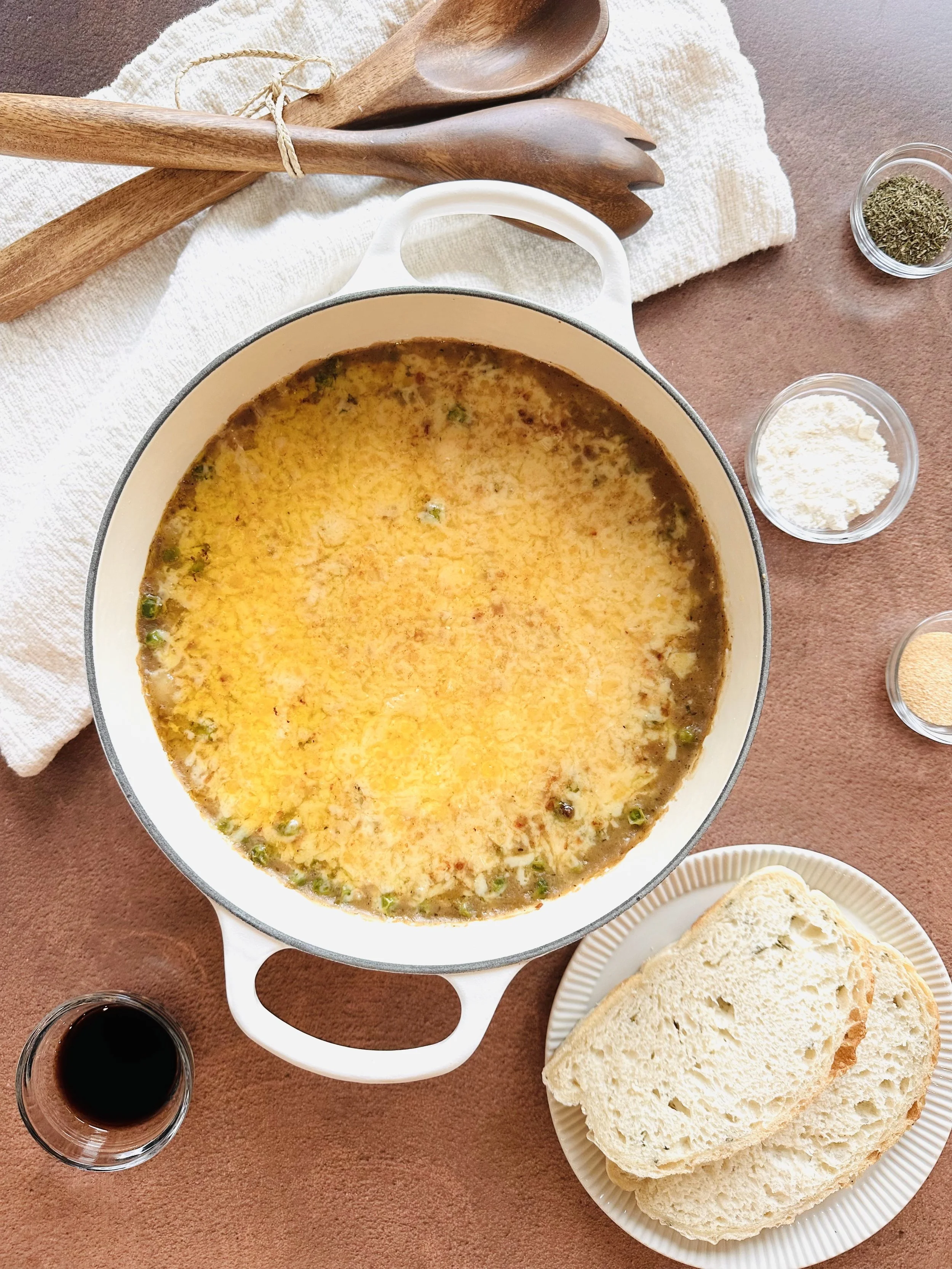 Creamy French Onion Gnocchi Soup with Green Peas