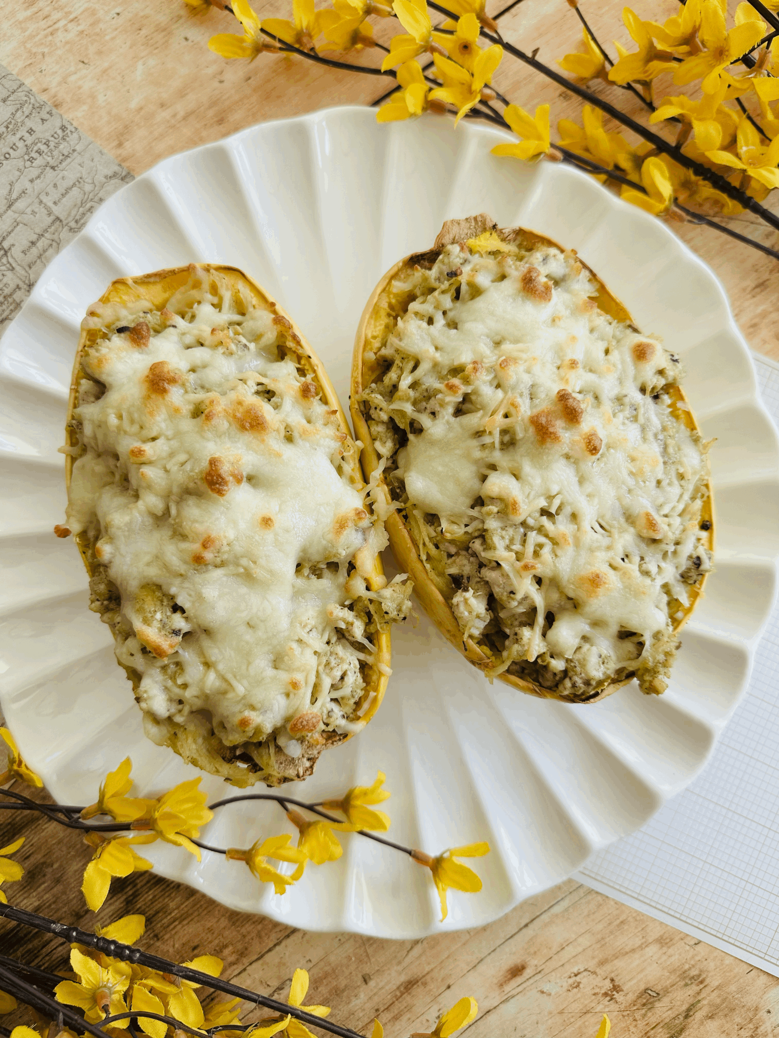 Creamy Pecan Pesto Turkey Spaghetti Squash Bake