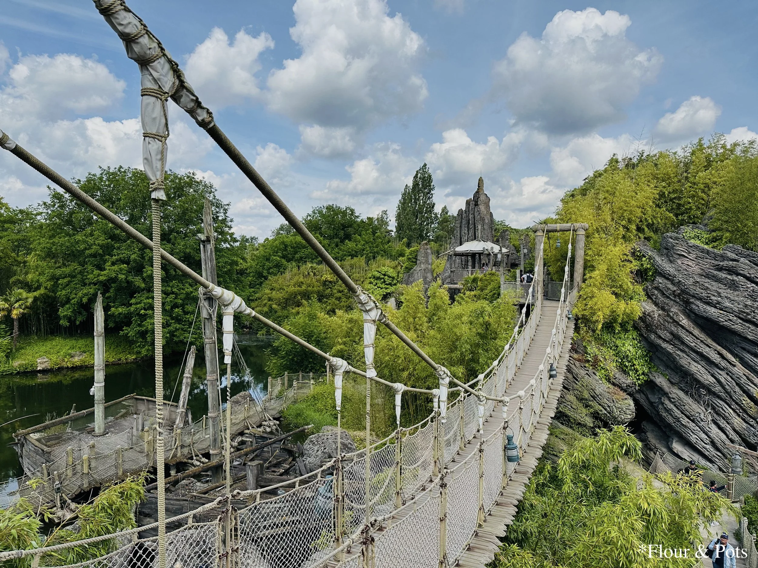 Rope bridge crossing over lush green foliage near the Adventure Isle area, located in the back of Disneyland Paris park close to the Pirates of the Caribbean ride.
