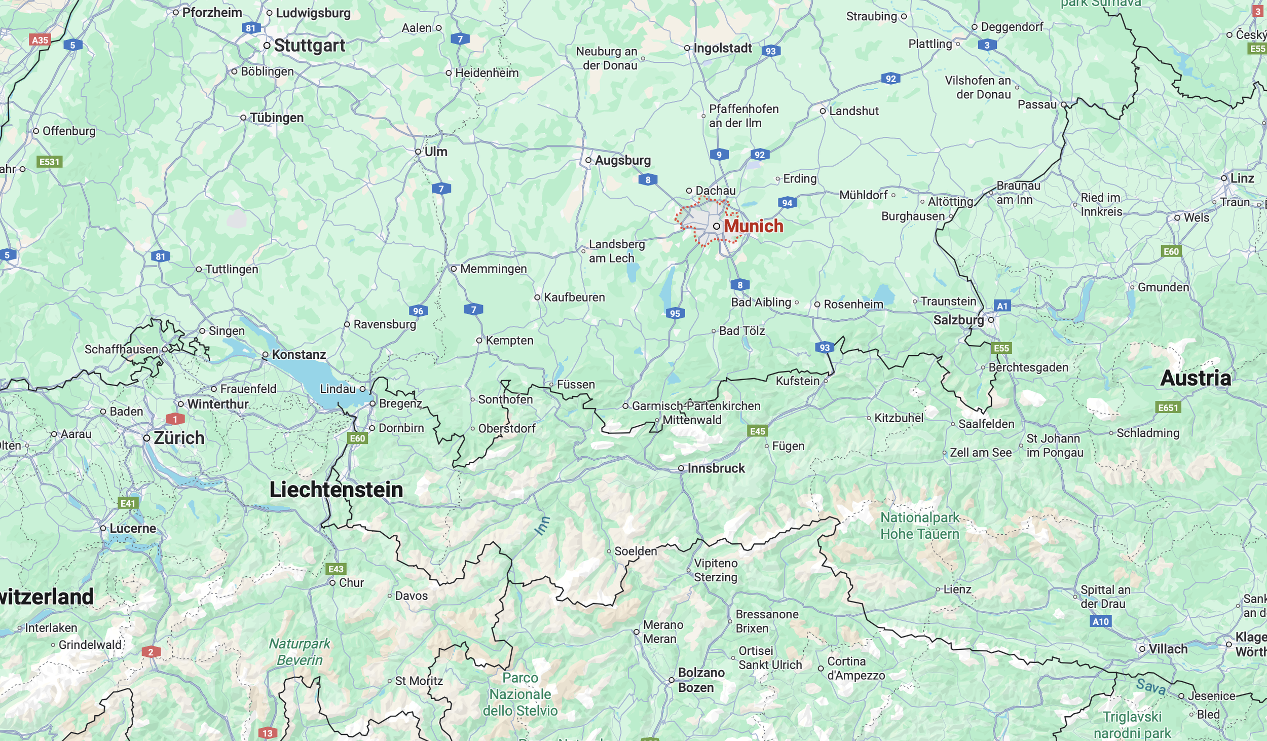 Map showing the location of Munich, Germany, in the southern part of the country, near the Bavarian Alps and bordering Austria.