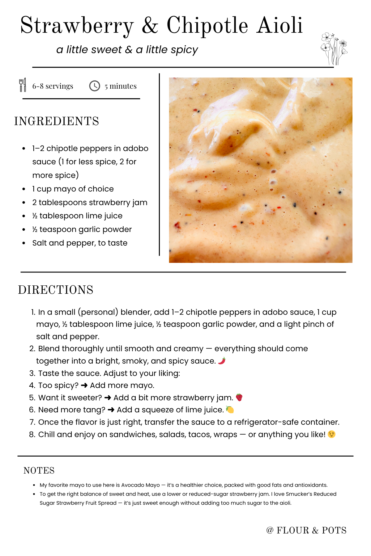 Strawberry and Chipotle Mayo recipe card showing ingredients, measurements, and quick step-by-step instructions.