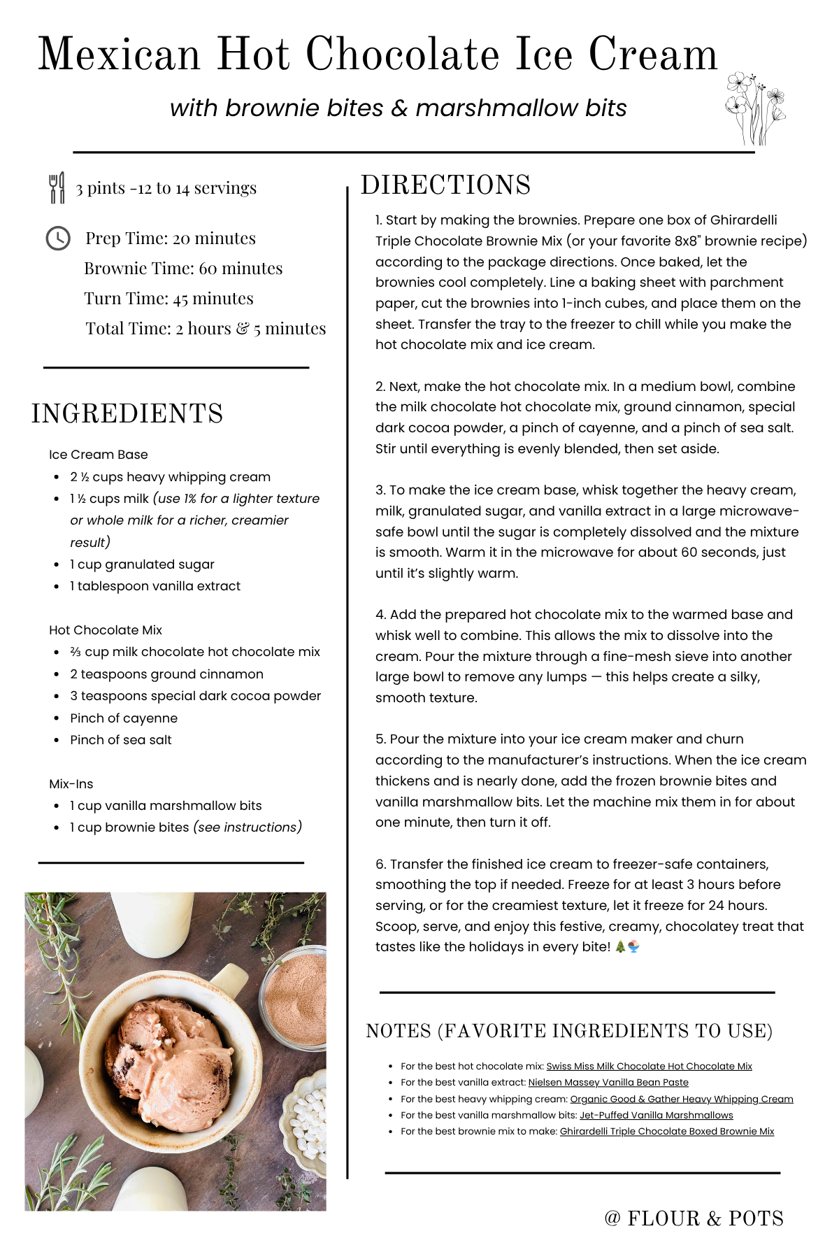 Step-by-step recipe card showing ingredients and instructions for Mexican Hot Chocolate Ice Cream.