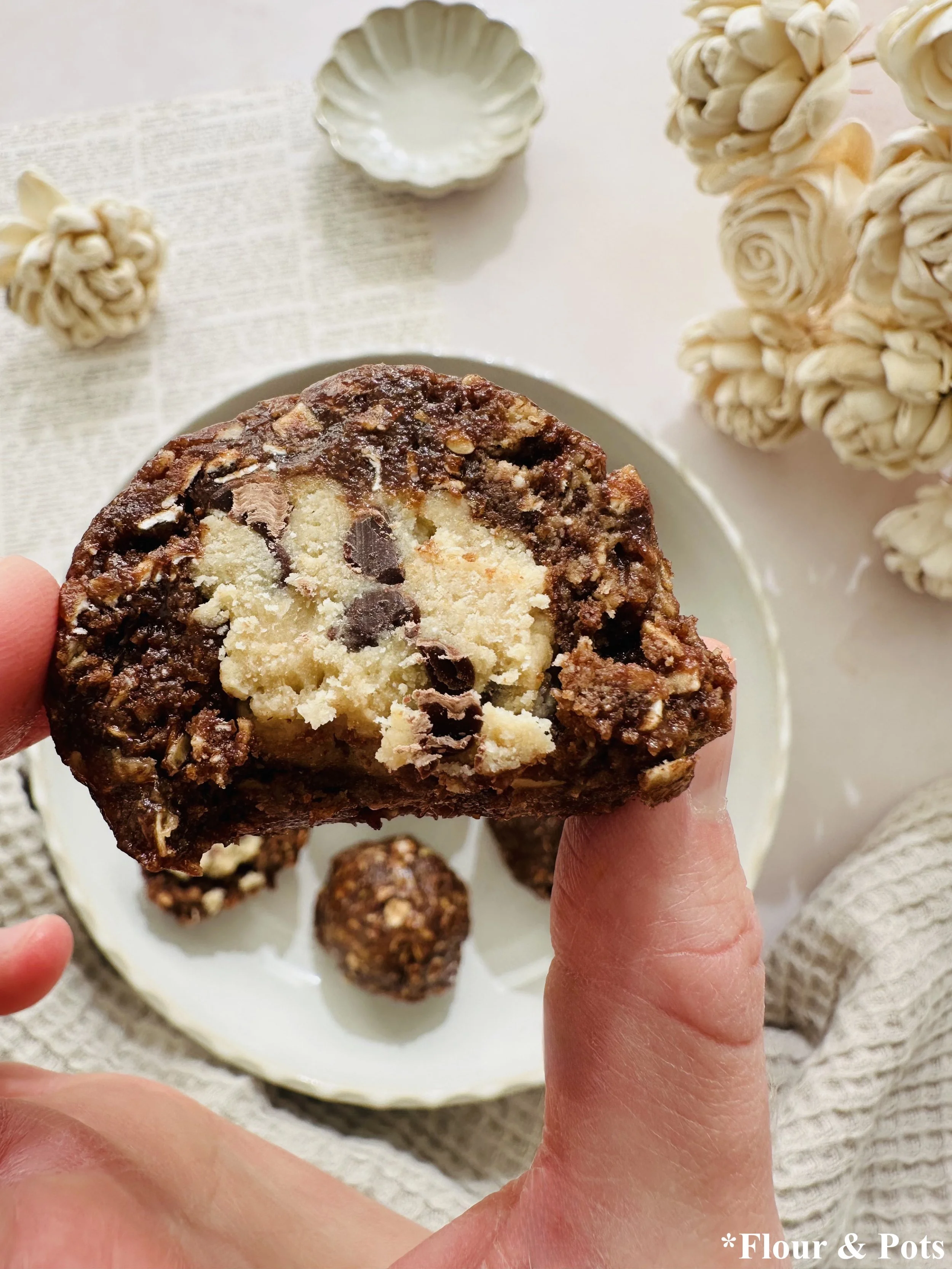 Chocolate protein bites with a hidden cookie dough filling inside