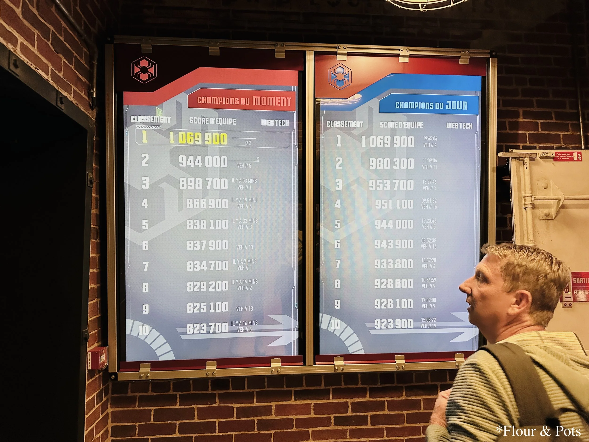My dad looking up at the top scoreboard displaying scores for the W.E.B. Slingers ride at Walt Disney Studios Park, Disneyland Paris.