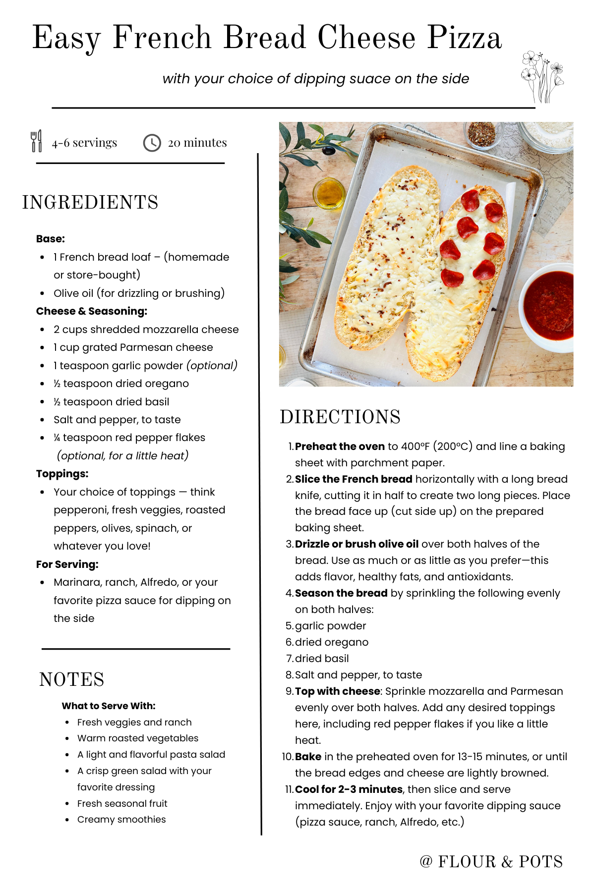 Printable recipe card for easy French bread cheese pizza with ingredients and instructions.
